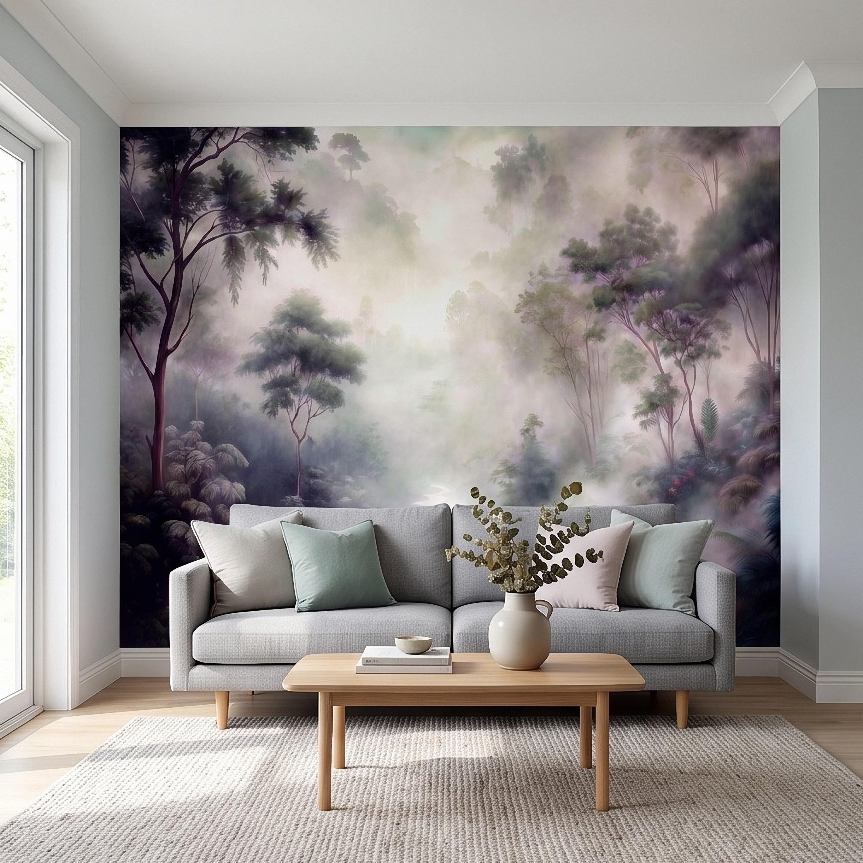 Misty Rainforest Peel and Stick Wall Mural, Tropical Jungle Landscape, Foggy Forest River, Lush Nature Wallpaper
