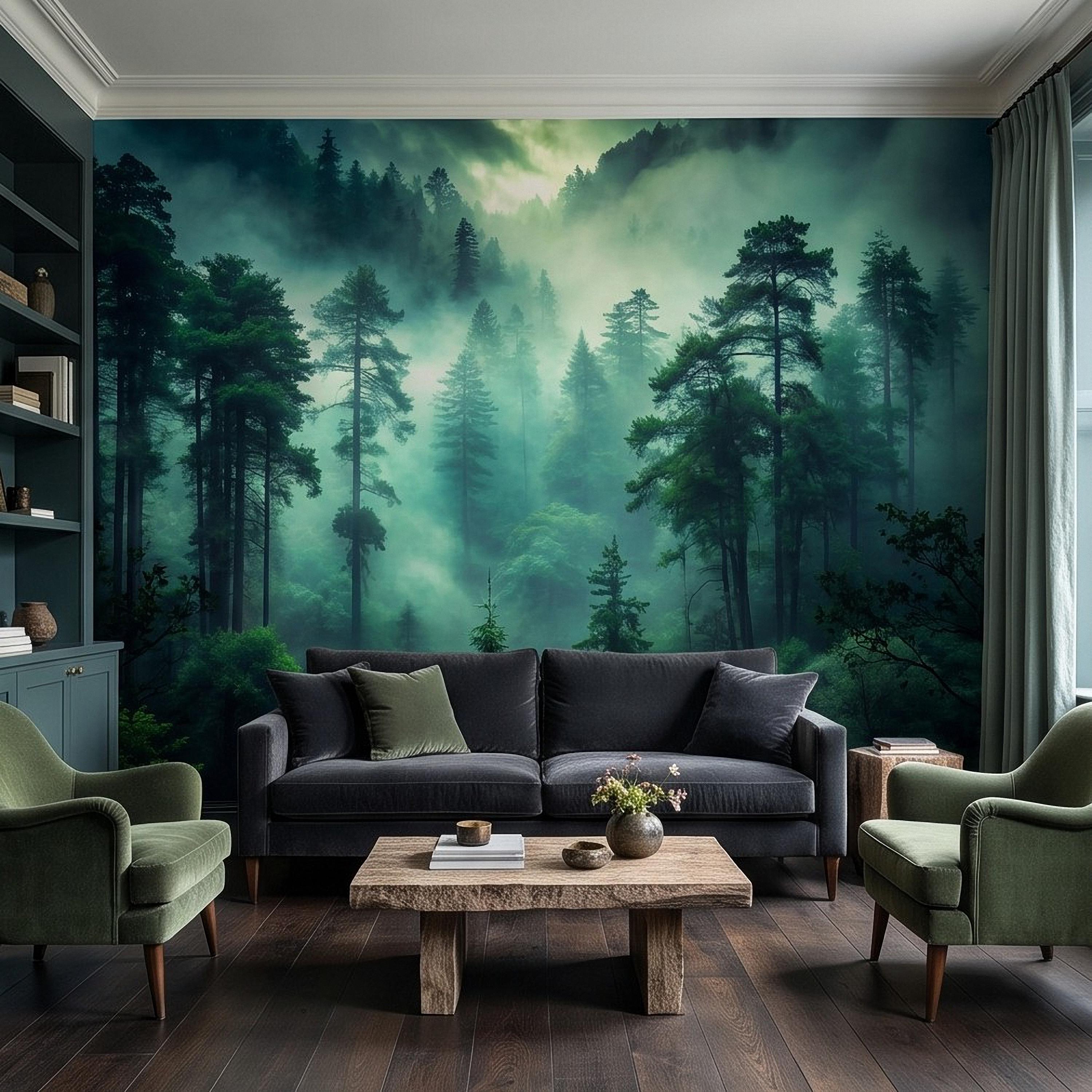 Misty Pine Forest Peel and Stick Wall Mural, Foggy Evergreen Woodland, Mountain Wilderness Scenery Nature Wallpaper
