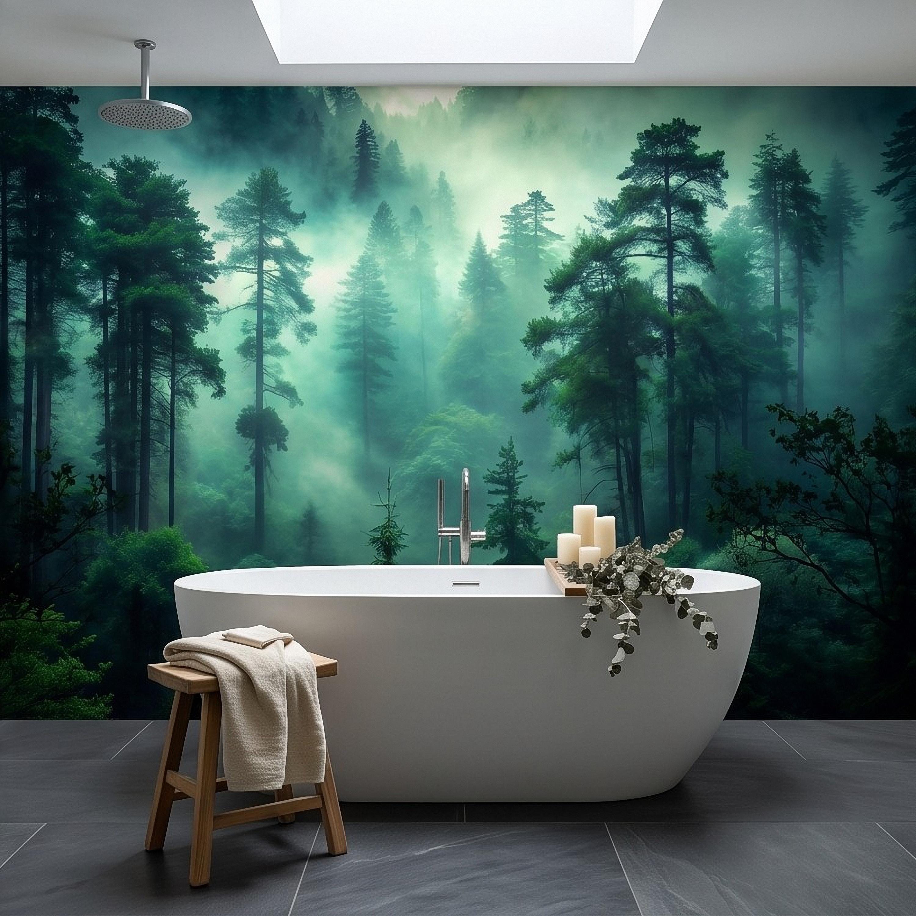 Misty Pine Forest Peel and Stick Wall Mural, Foggy Evergreen Woodland, Mountain Wilderness Scenery Nature Wallpaper