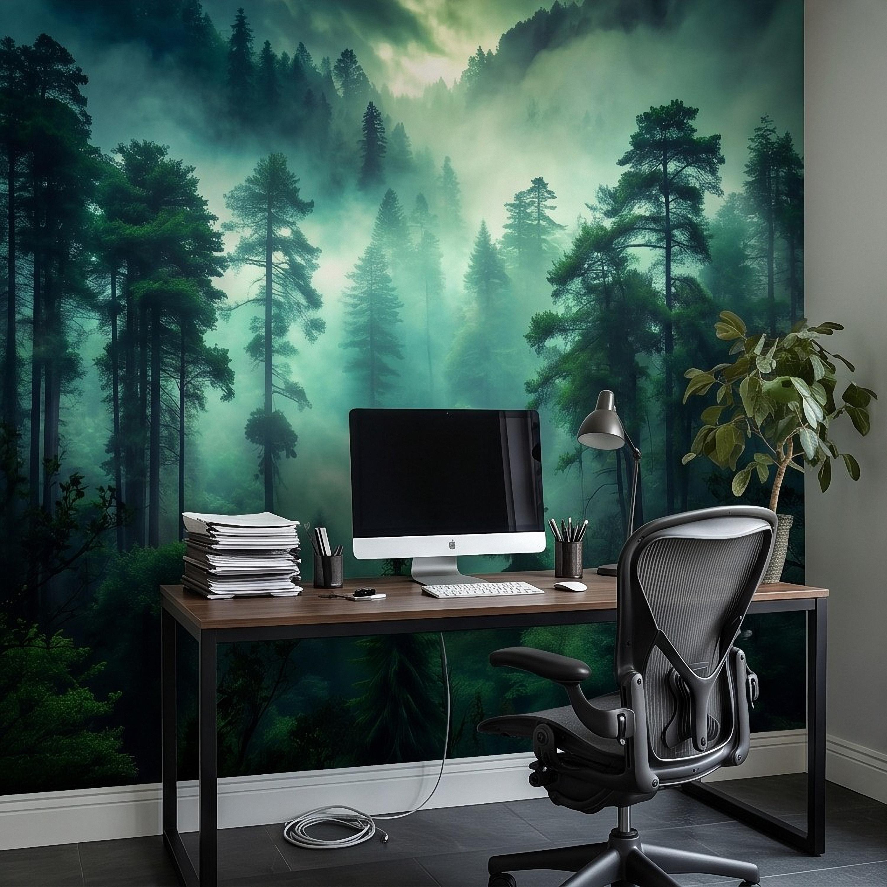 Misty Pine Forest Peel and Stick Wall Mural, Foggy Evergreen Woodland, Mountain Wilderness Scenery Nature Wallpaper