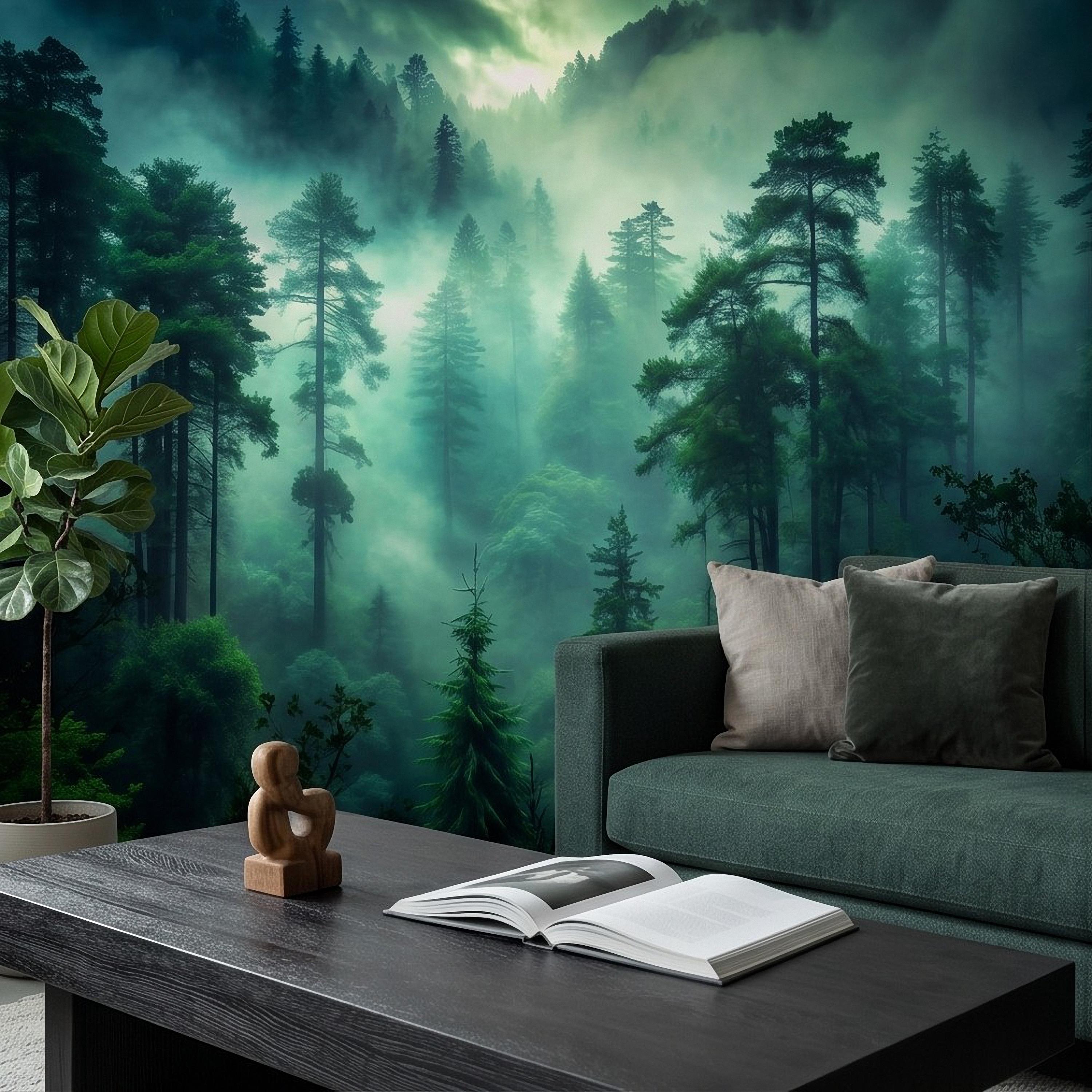 Misty Pine Forest Peel and Stick Wall Mural, Foggy Evergreen Woodland, Mountain Wilderness Scenery Nature Wallpaper