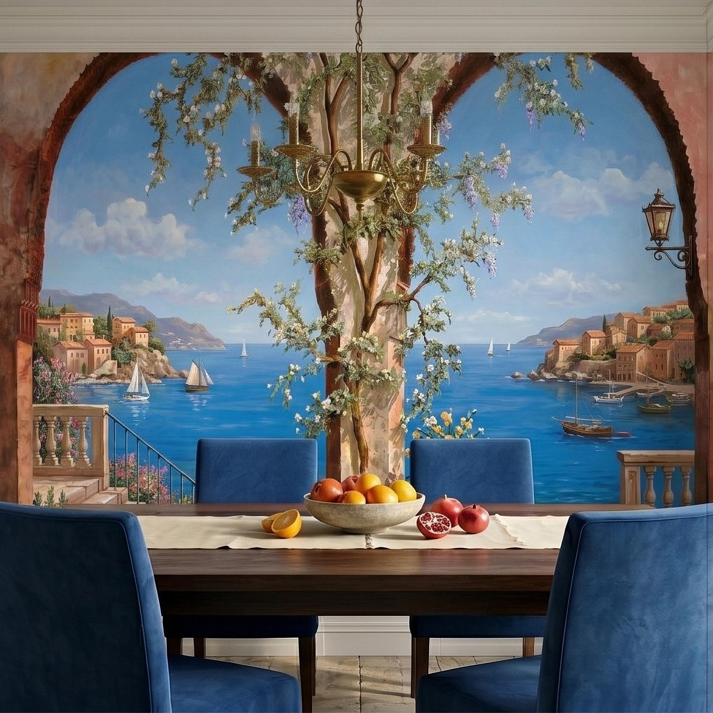 Mediterranean Coastal View Peel and Stick Wall Mural, Arched Terrace Window, Seaside Village Harbor, Sailboats and Blooming Vines Wallpaper