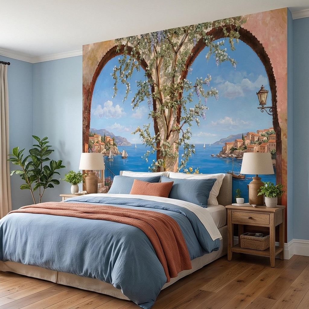 Mediterranean Coastal View Peel and Stick Wall Mural, Arched Terrace Window, Seaside Village Harbor, Sailboats and Blooming Vines Wallpaper