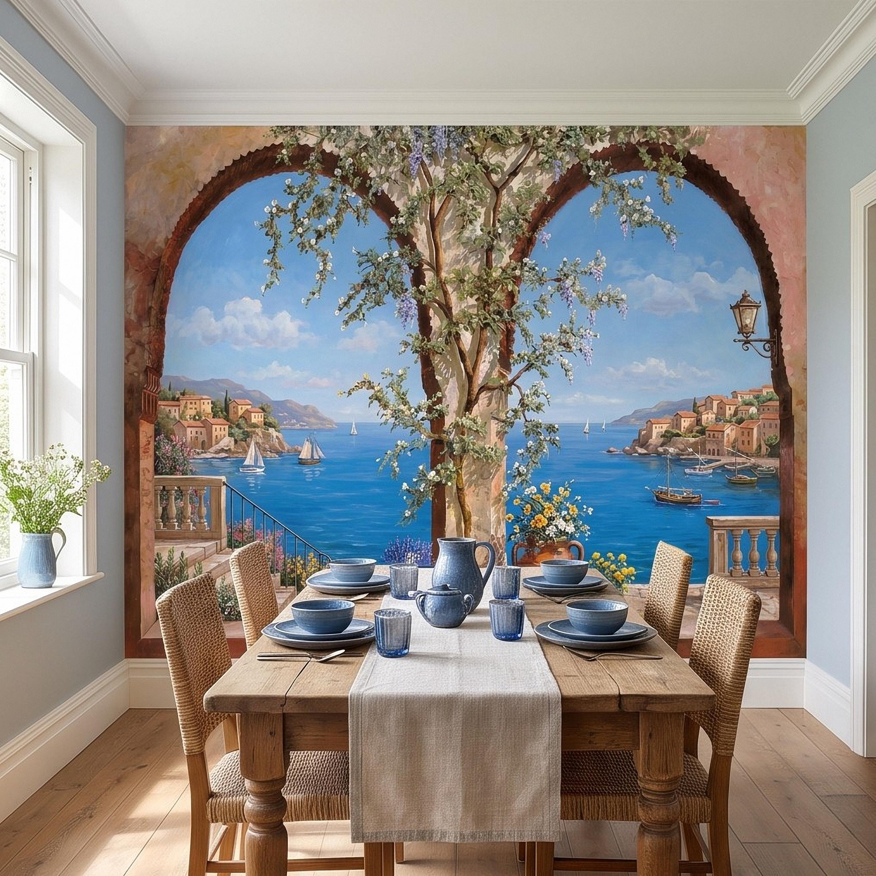 Mediterranean Coastal View Peel and Stick Wall Mural, Arched Terrace Window, Seaside Village Harbor, Sailboats and Blooming Vines Wallpaper