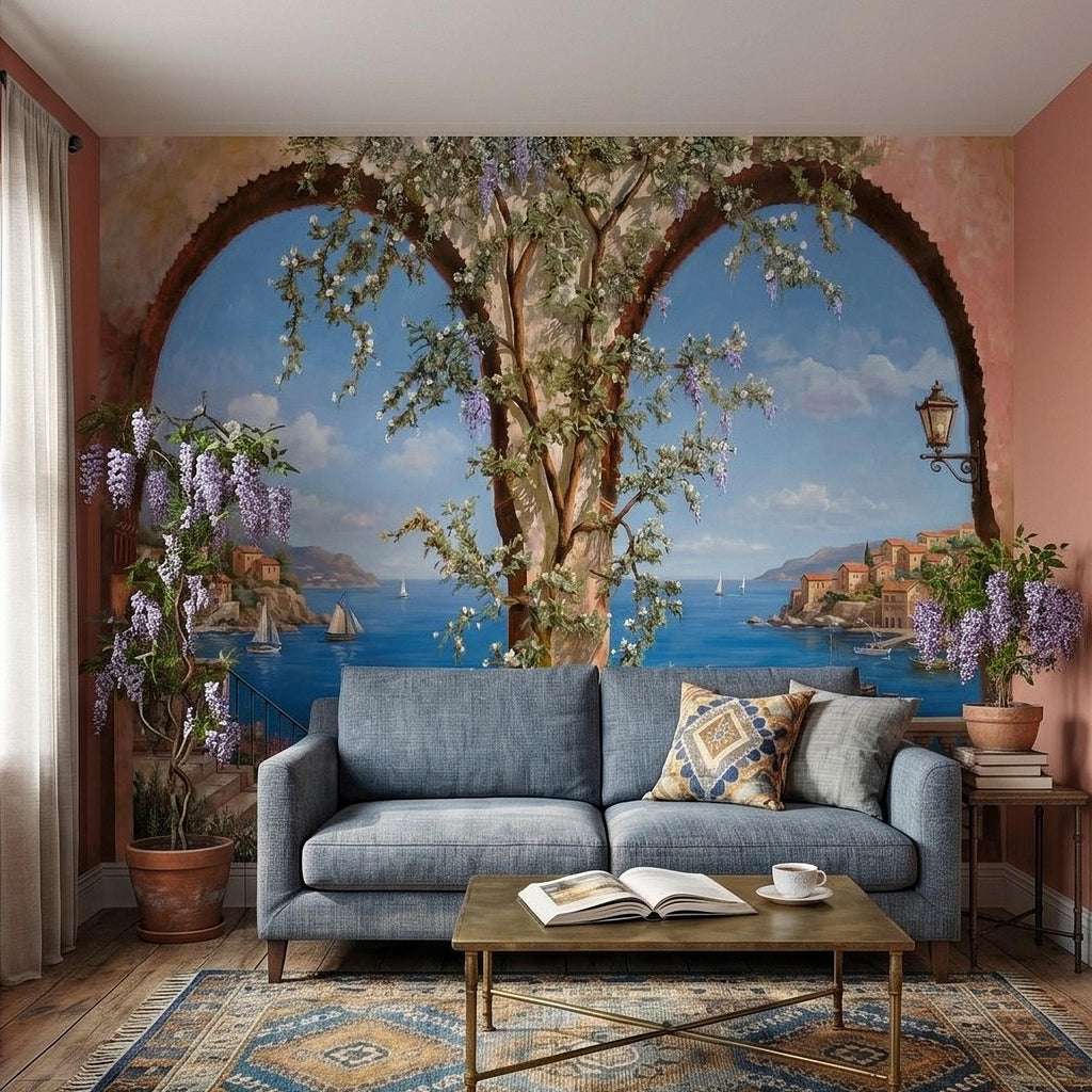 Mediterranean Coastal View Peel and Stick Wall Mural, Arched Terrace Window, Seaside Village Harbor, Sailboats and Blooming Vines Wallpaper