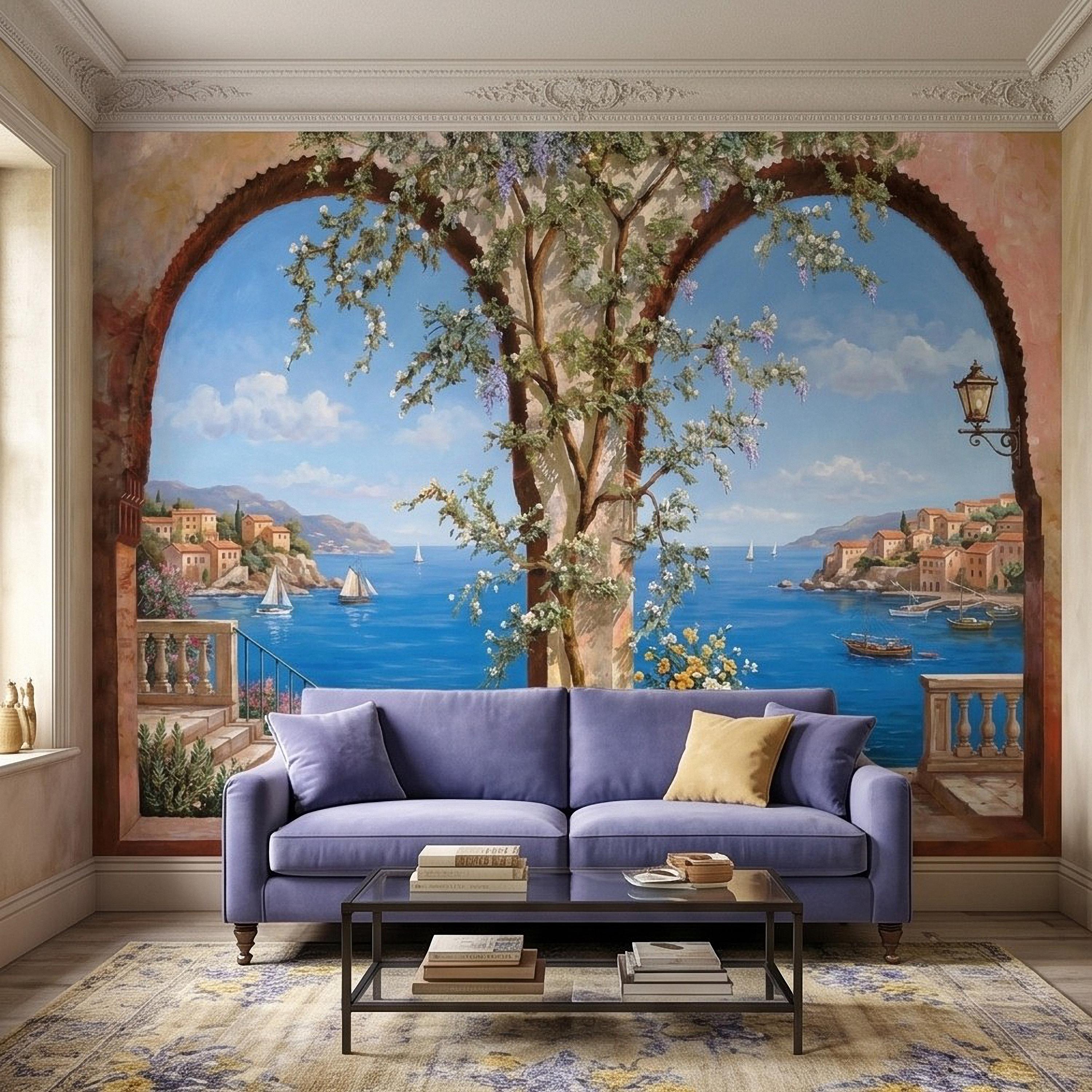 Mediterranean Coastal View Peel and Stick Wall Mural, Arched Terrace Window, Seaside Village Harbor, Sailboats and Blooming Vines Wallpaper
