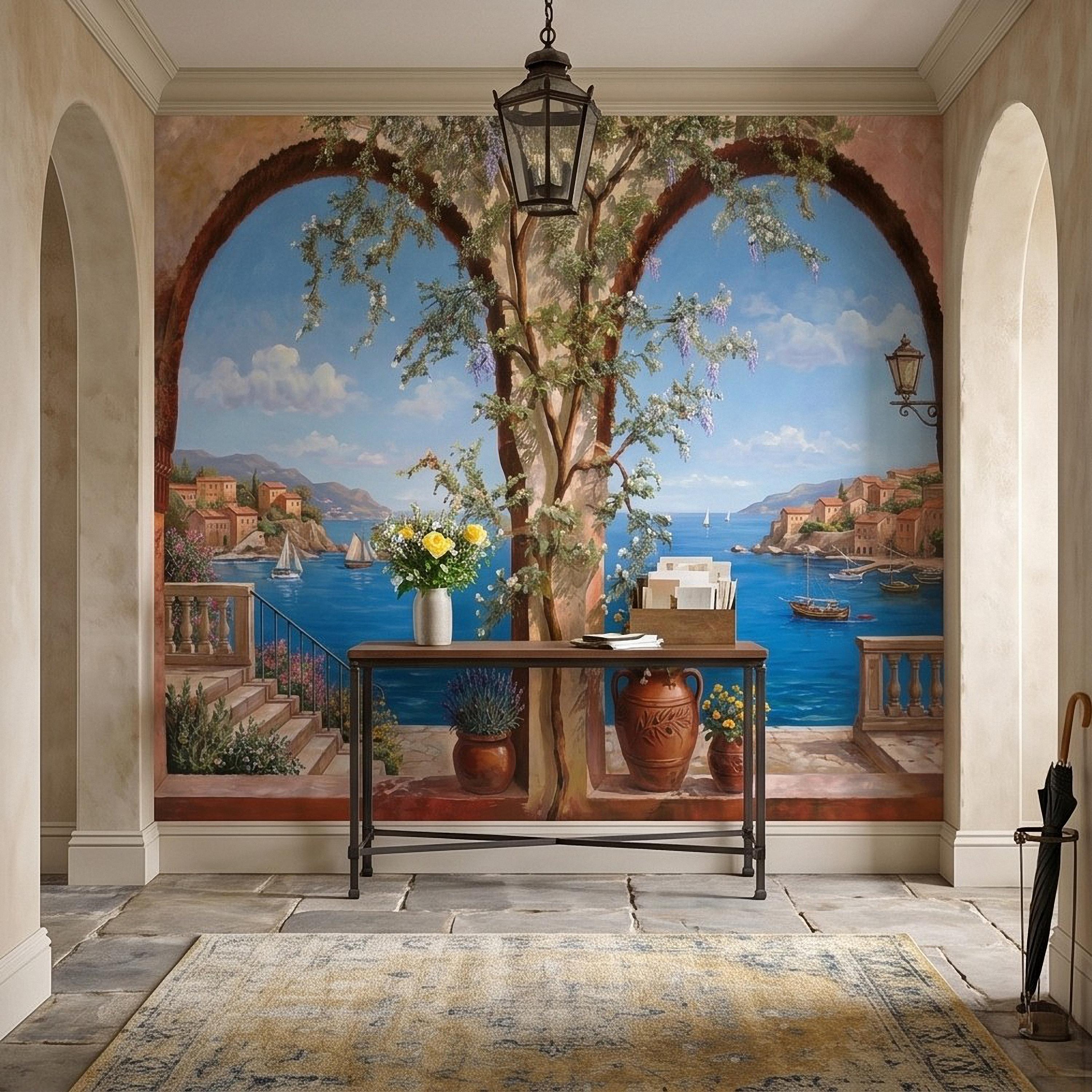 Mediterranean Coastal View Peel and Stick Wall Mural, Arched Terrace Window, Seaside Village Harbor, Sailboats and Blooming Vines Wallpaper