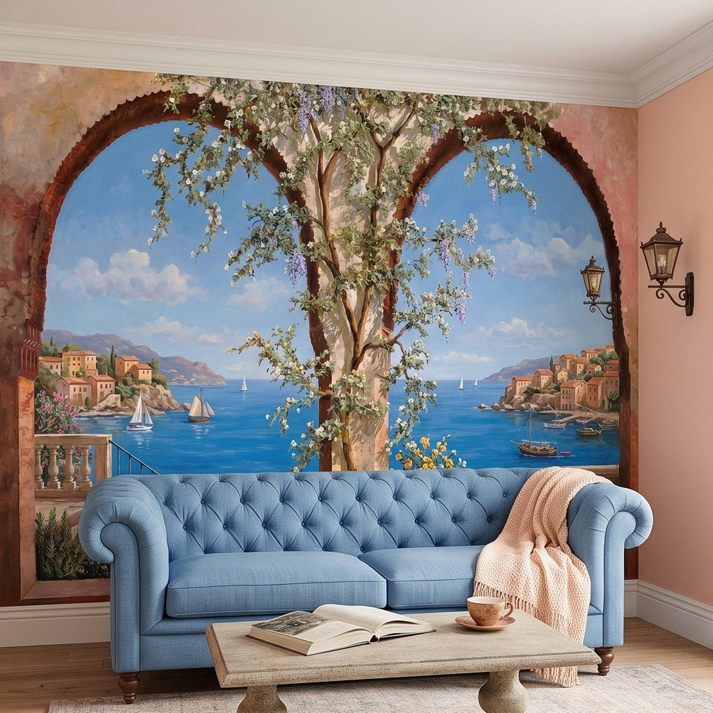 Mediterranean Coastal View Peel and Stick Wall Mural, Arched Terrace Window, Seaside Village Harbor, Sailboats and Blooming Vines Wallpaper