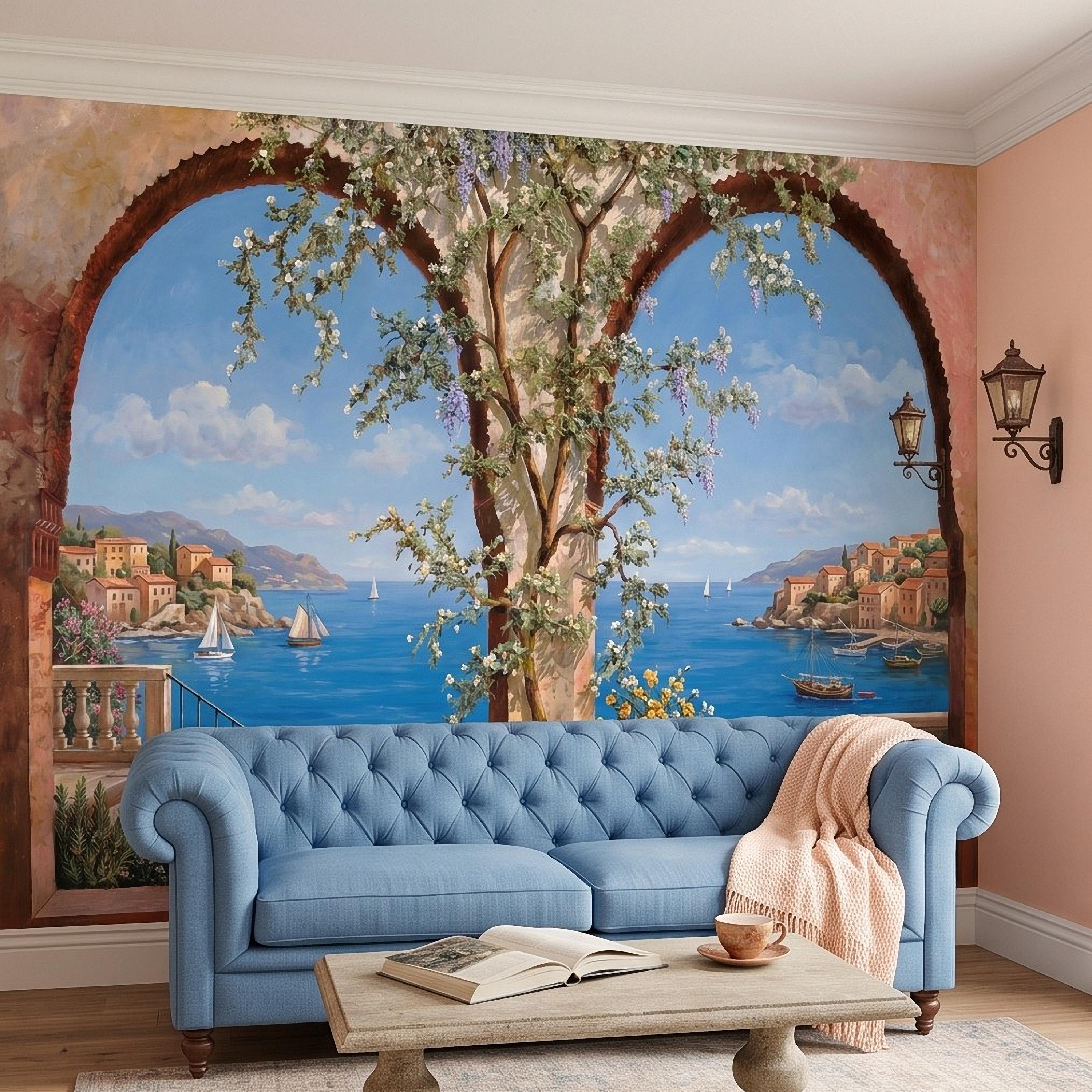 Mediterranean Coastal View Peel and Stick Wall Mural, Arched Terrace Window, Seaside Village Harbor, Sailboats and Blooming Vines Wallpaper