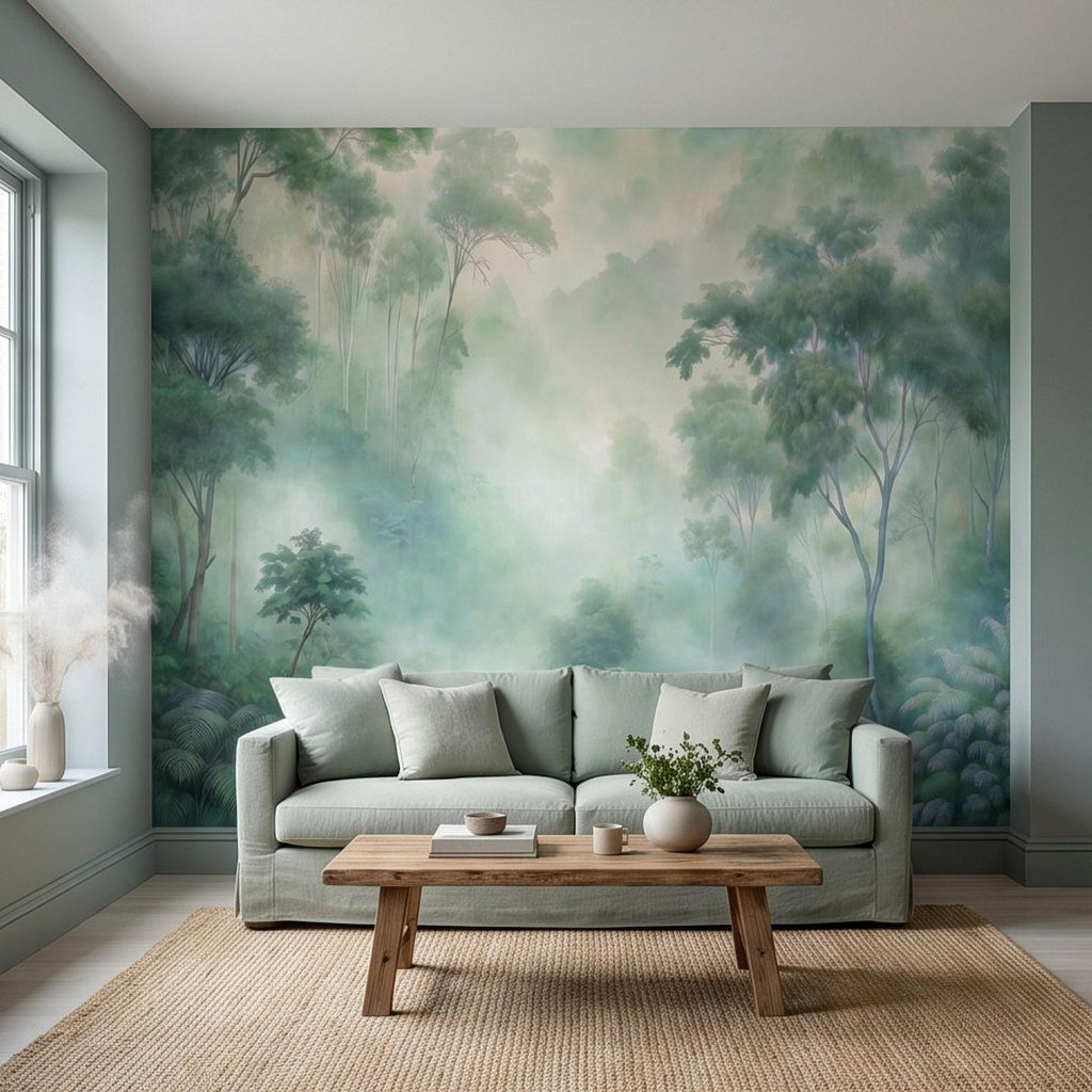 Misty Tropical Forest Peel and Stick Wall Mural, Foggy Jungle Landscape, Lush Green Trees Nature Wallpaper