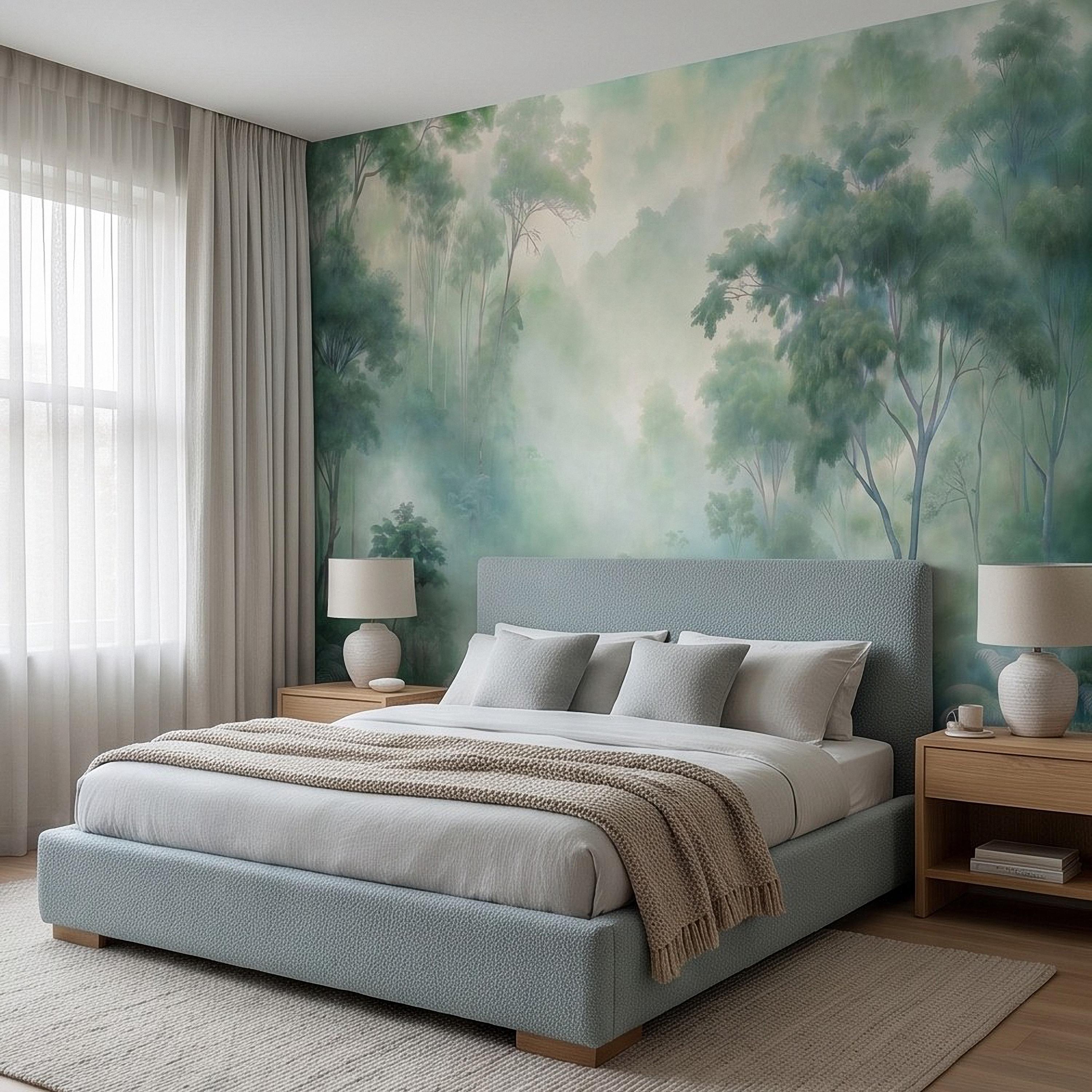 Misty Tropical Forest Peel and Stick Wall Mural, Foggy Jungle Landscape, Lush Green Trees Nature Wallpaper