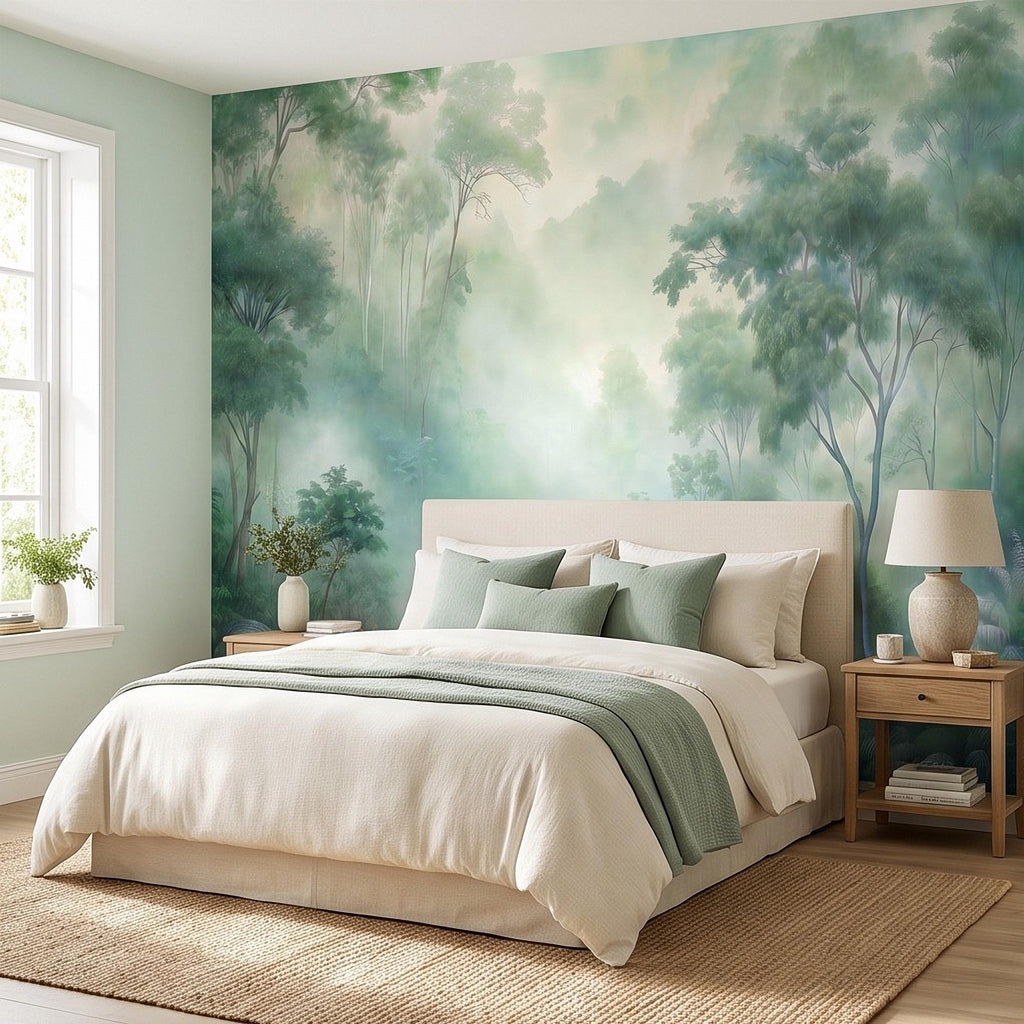 Misty Tropical Forest Peel and Stick Wall Mural, Foggy Jungle Landscape, Lush Green Trees Nature Wallpaper