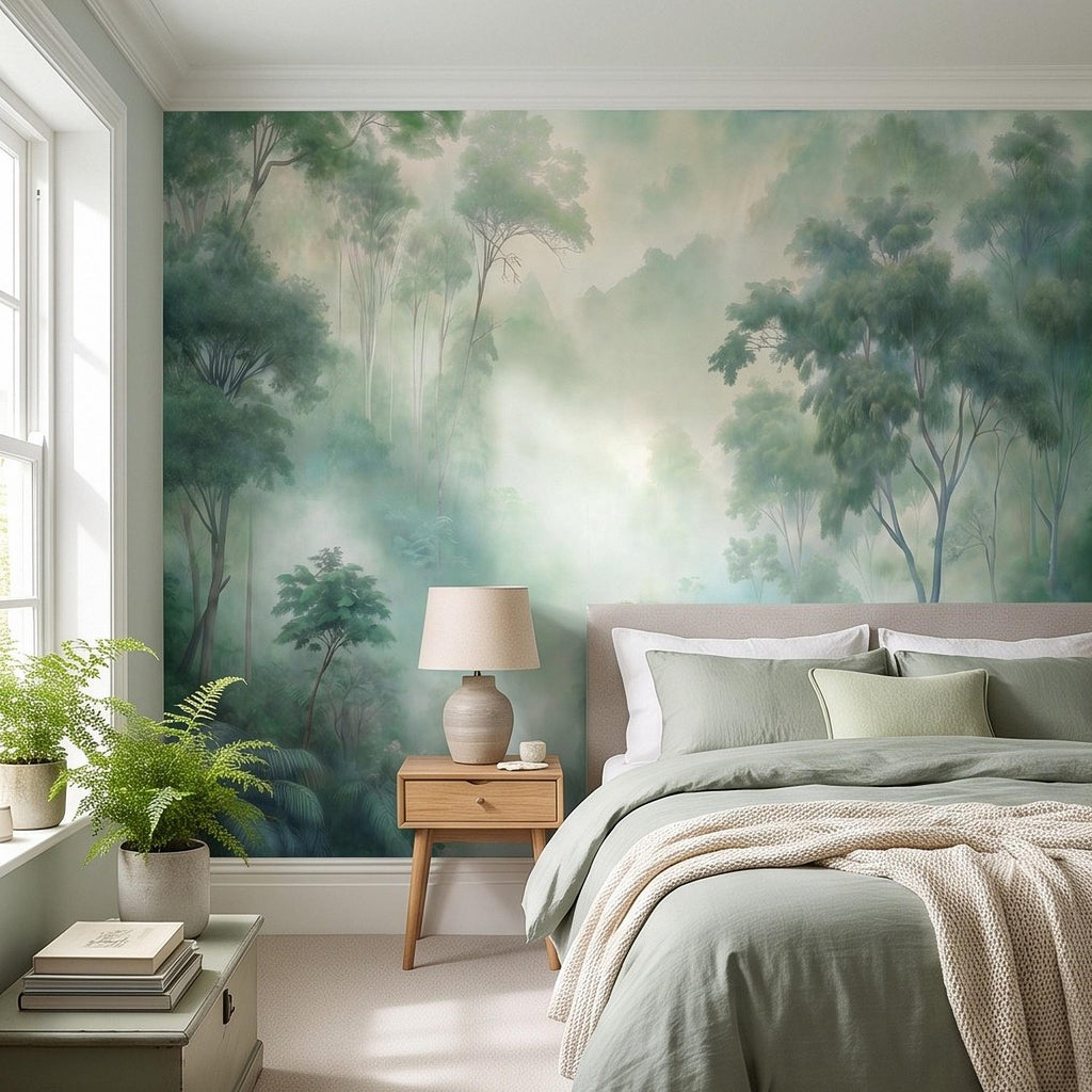 Misty Tropical Forest Peel and Stick Wall Mural, Foggy Jungle Landscape, Lush Green Trees Nature Wallpaper