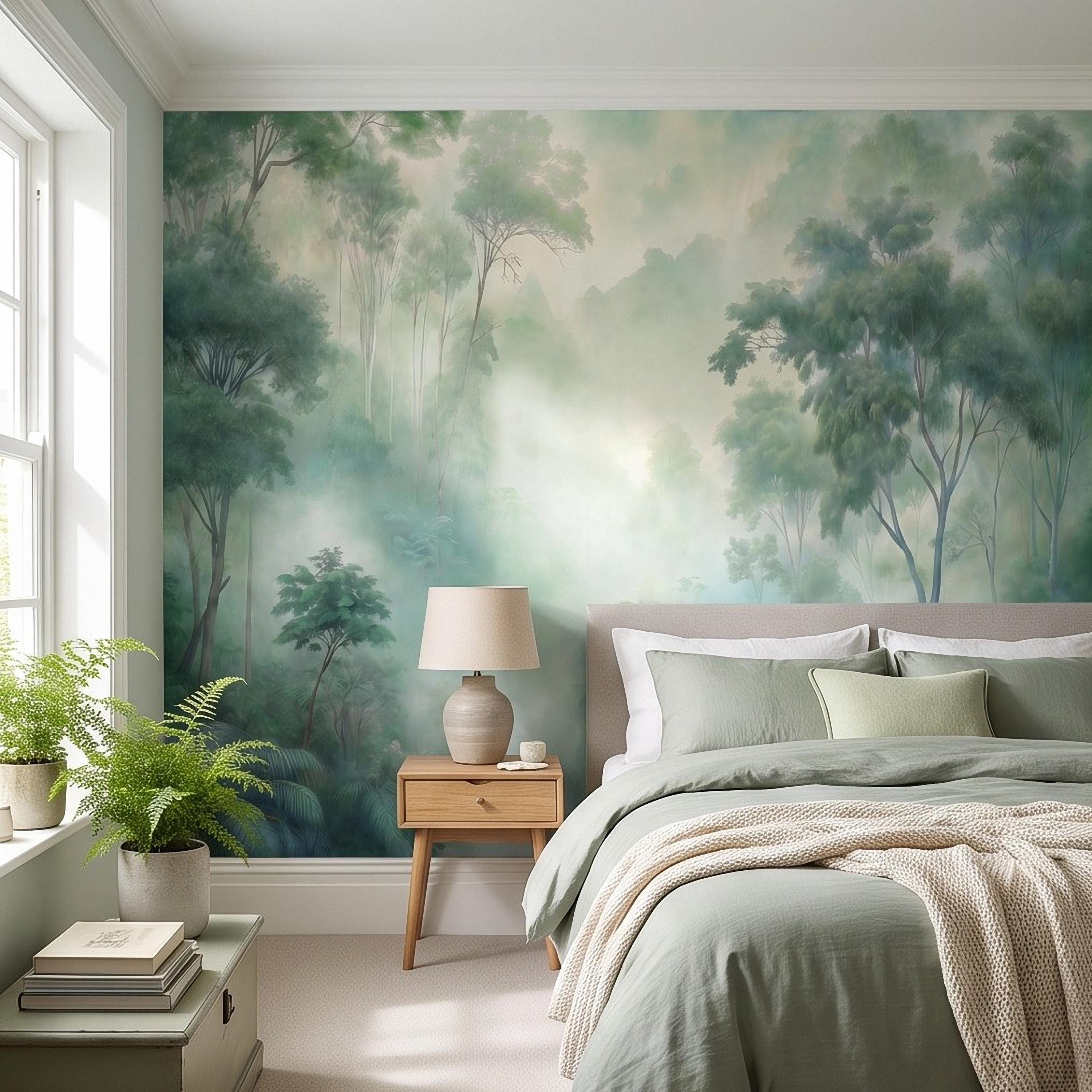 Misty Tropical Forest Peel and Stick Wall Mural, Foggy Jungle Landscape, Lush Green Trees Nature Wallpaper