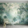 Misty Tropical Forest Peel and Stick Wall Mural, Foggy Jungle Landscape, Lush Green Trees Nature Wallpaper