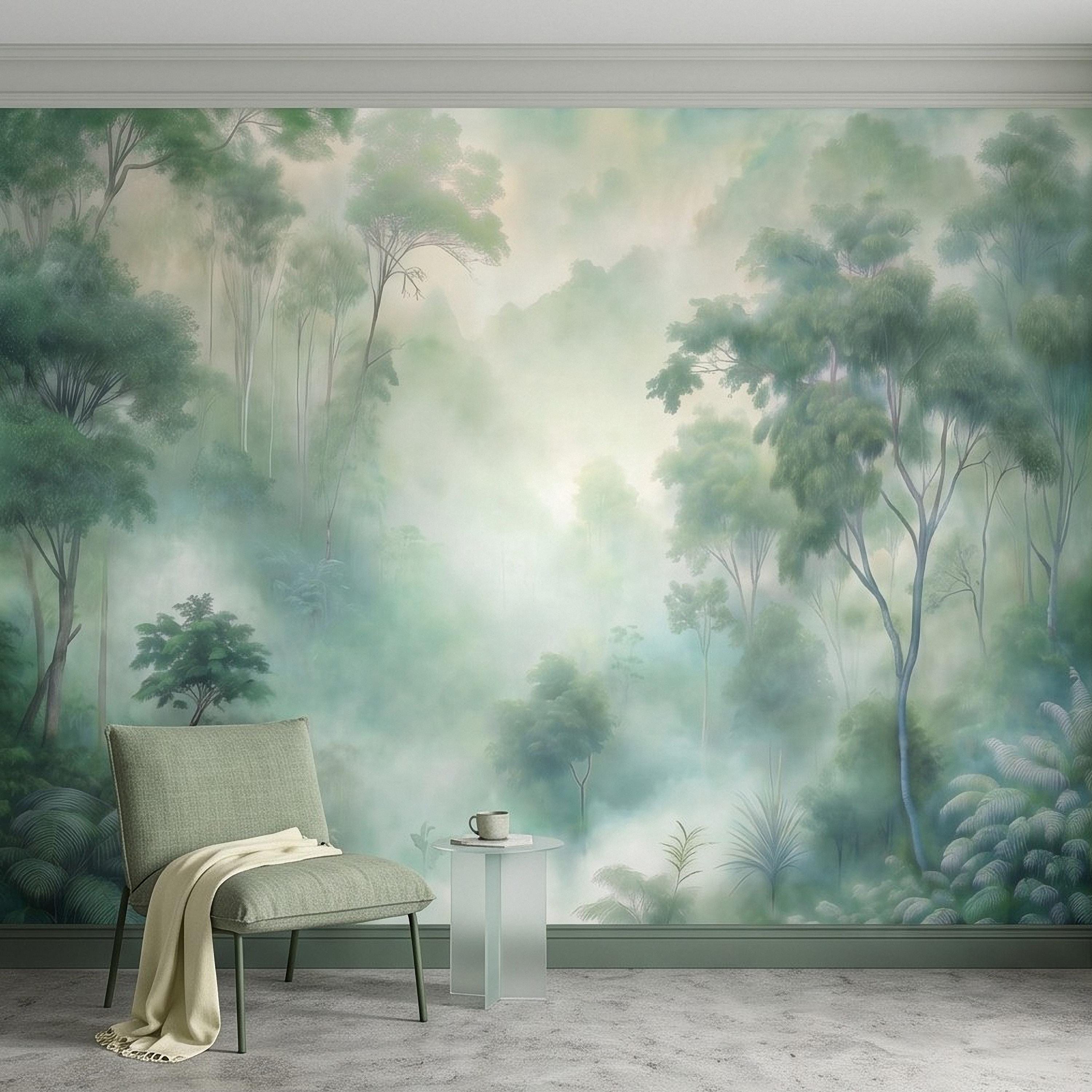 Misty Tropical Forest Peel and Stick Wall Mural, Foggy Jungle Landscape, Lush Green Trees Nature Wallpaper