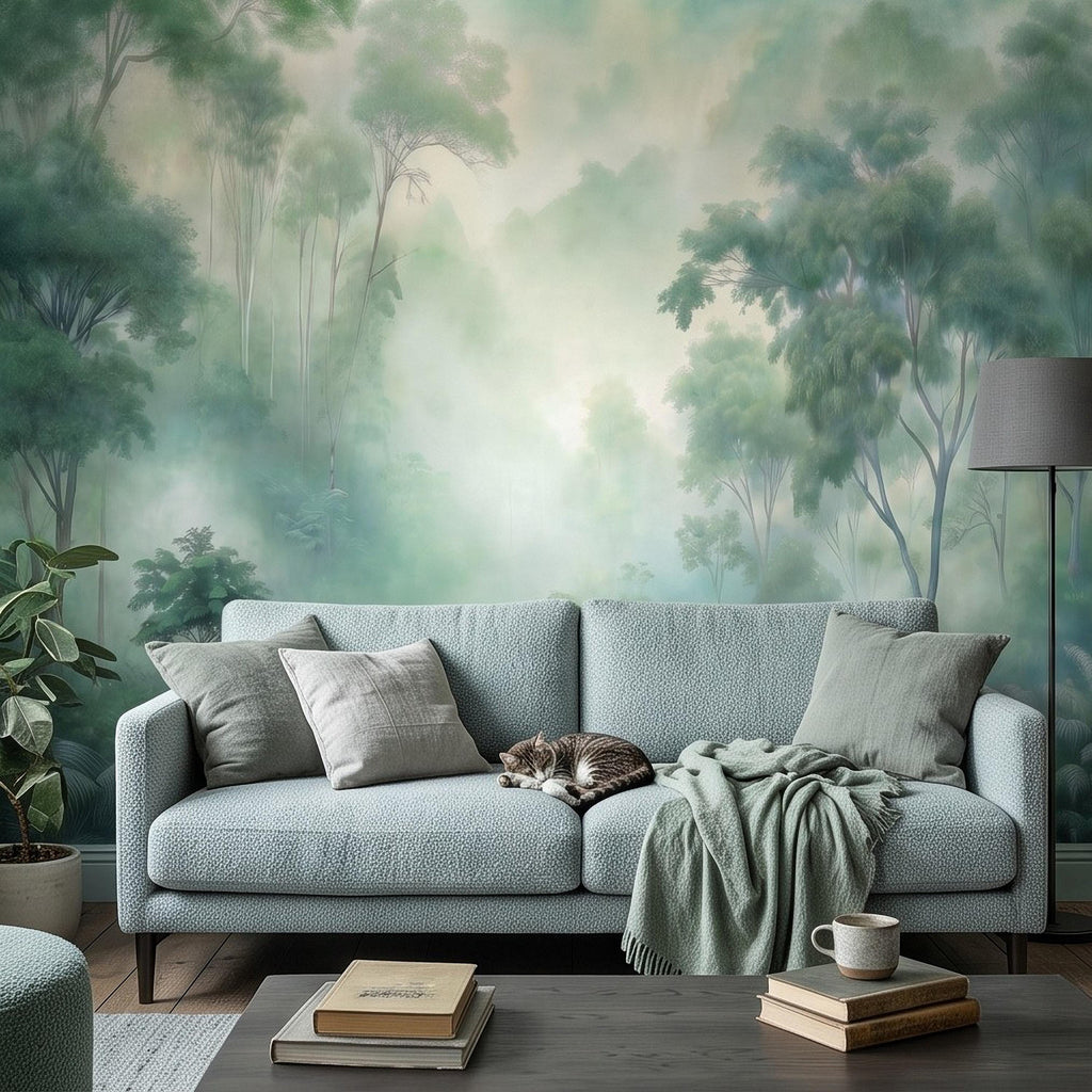 Misty Tropical Forest Peel and Stick Wall Mural, Foggy Jungle Landscape, Lush Green Trees Nature Wallpaper
