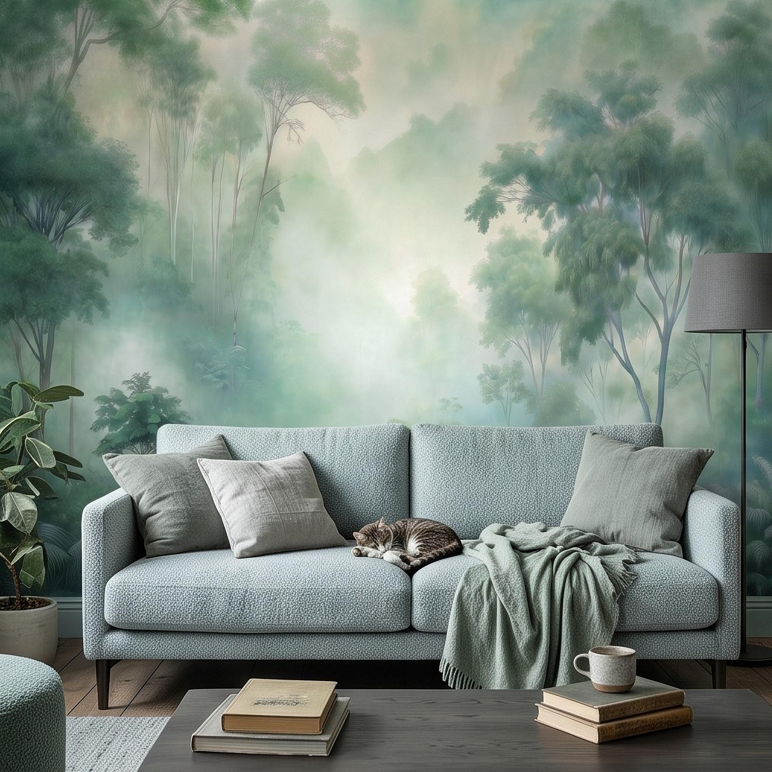 Misty Tropical Forest Peel and Stick Wall Mural, Foggy Jungle Landscape, Lush Green Trees Nature Wallpaper