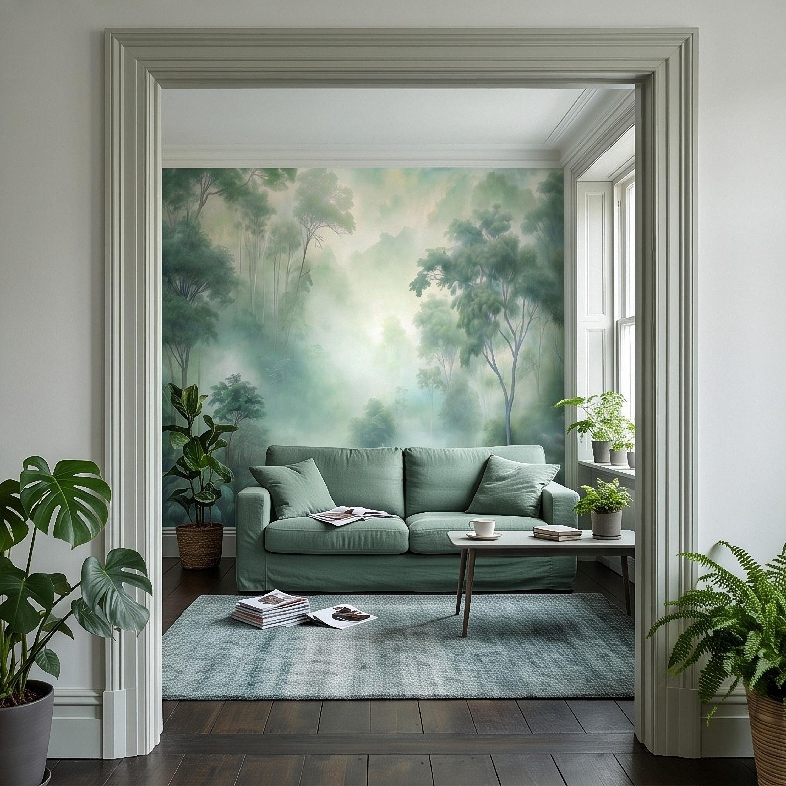 Misty Tropical Forest Peel and Stick Wall Mural, Foggy Jungle Landscape, Lush Green Trees Nature Wallpaper