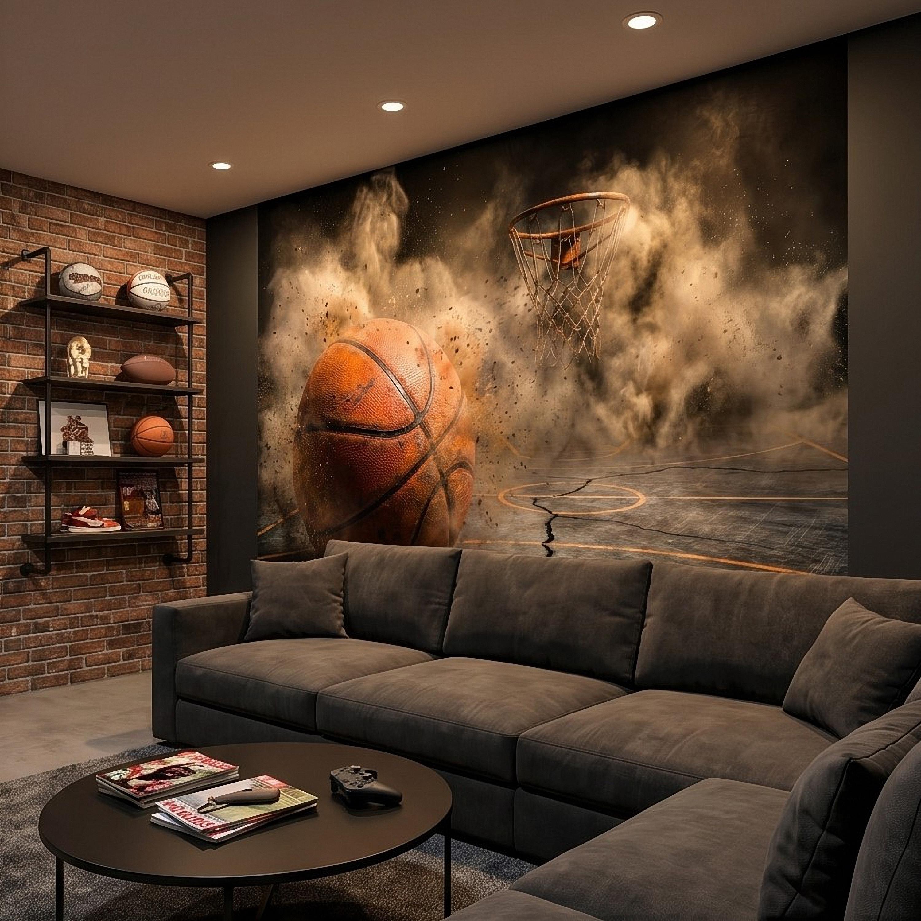 Basketball Peel and Stick Wall Mural, Sports Court Hoop Action, Boys Teen Room Man Cave Wallpaper