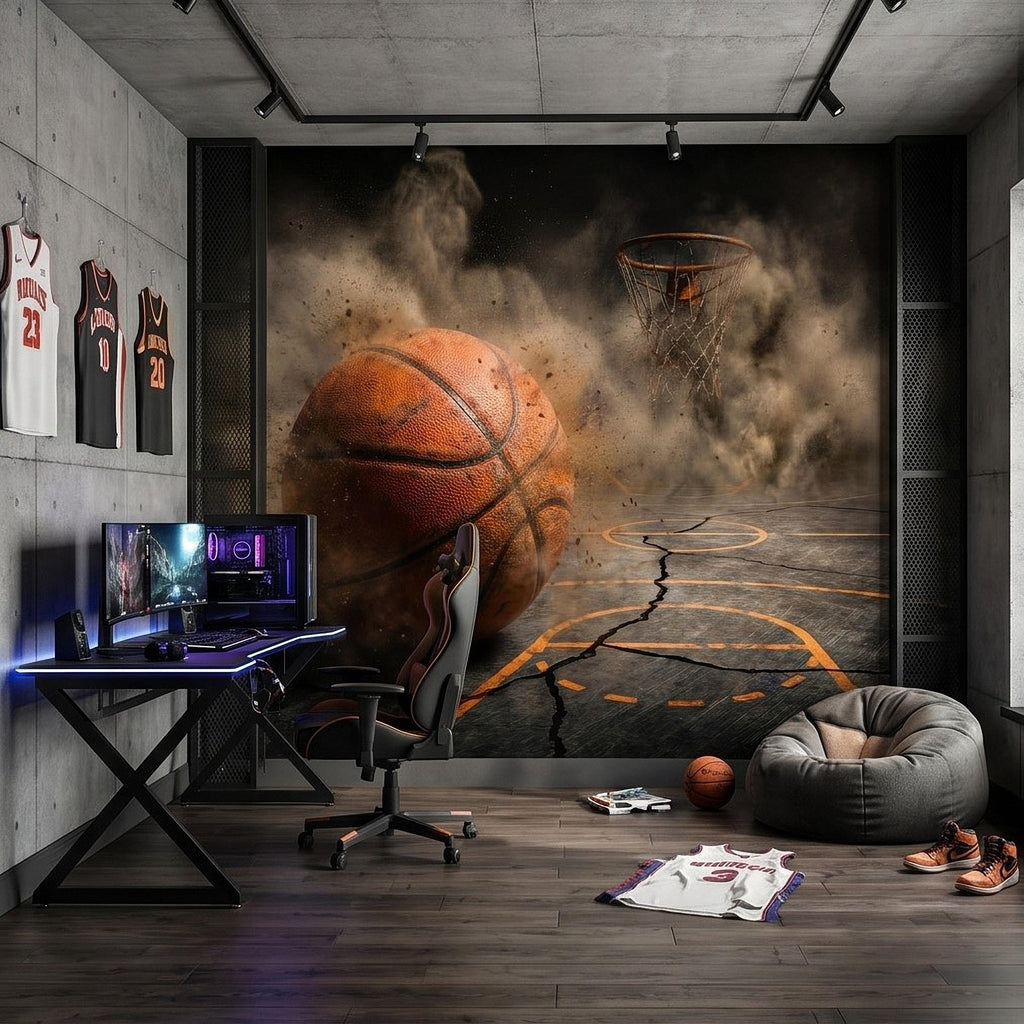 Basketball Peel and Stick Wall Mural, Sports Court Hoop Action, Boys Teen Room Man Cave Wallpaper