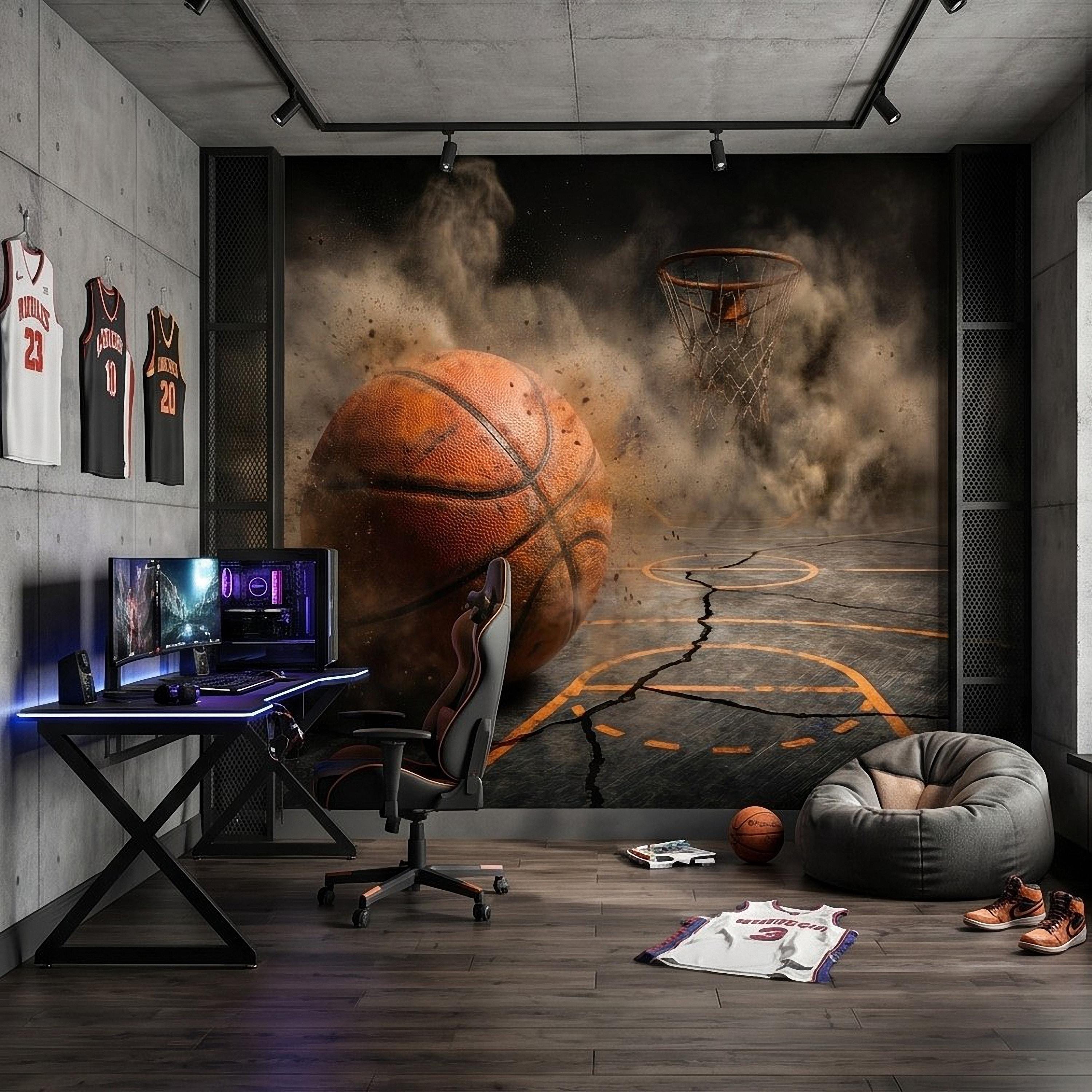 Basketball Peel and Stick Wall Mural, Sports Court Hoop Action, Boys Teen Room Man Cave Wallpaper