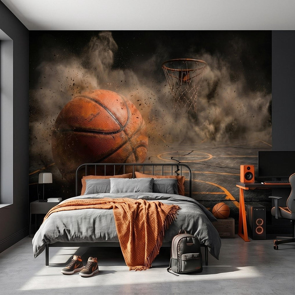 Basketball Peel and Stick Wall Mural, Sports Court Hoop Action, Boys Teen Room Man Cave Wallpaper