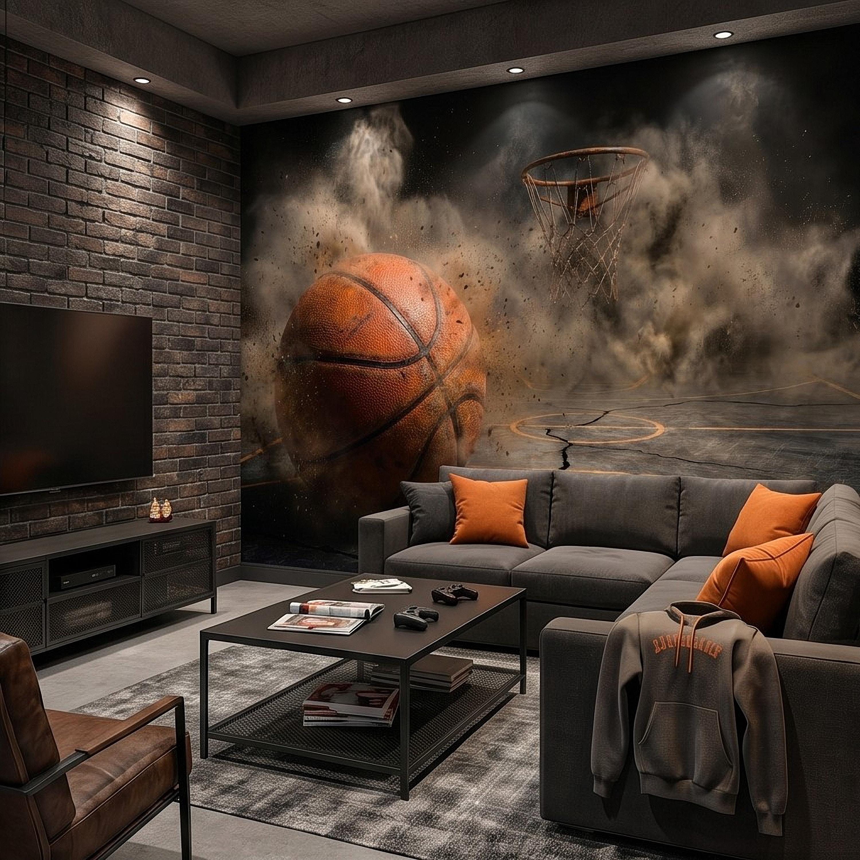 Basketball Peel and Stick Wall Mural, Sports Court Hoop Action, Boys Teen Room Man Cave Wallpaper