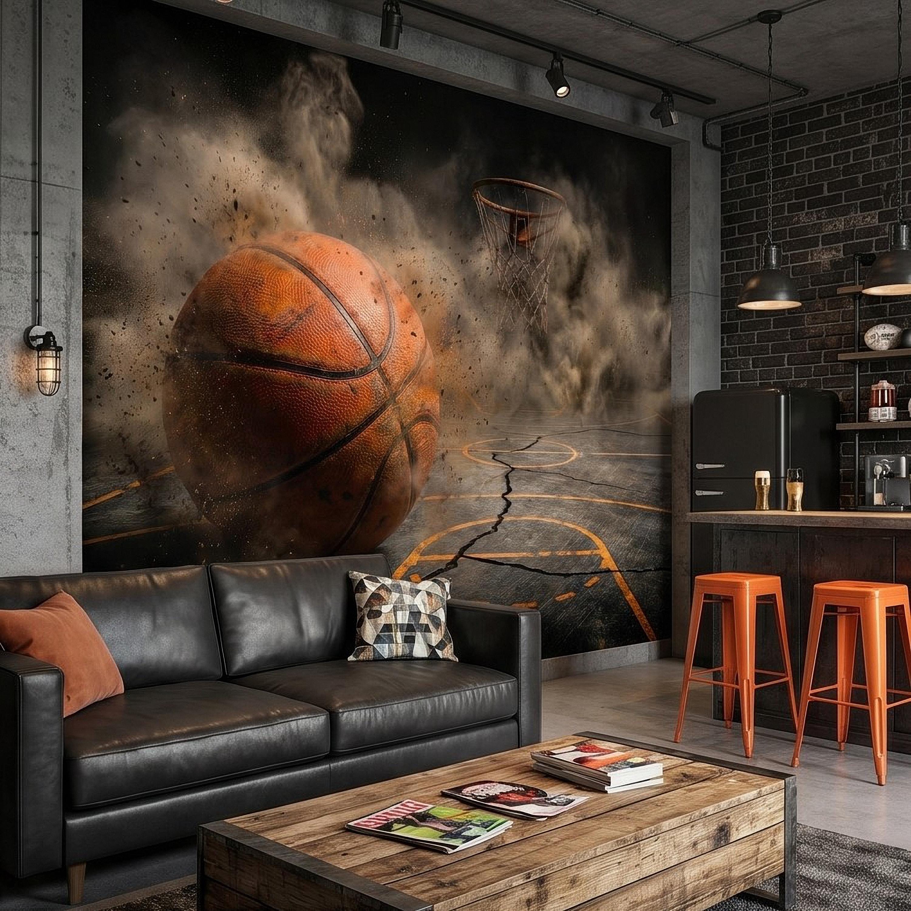 Basketball Peel and Stick Wall Mural, Sports Court Hoop Action, Boys Teen Room Man Cave Wallpaper