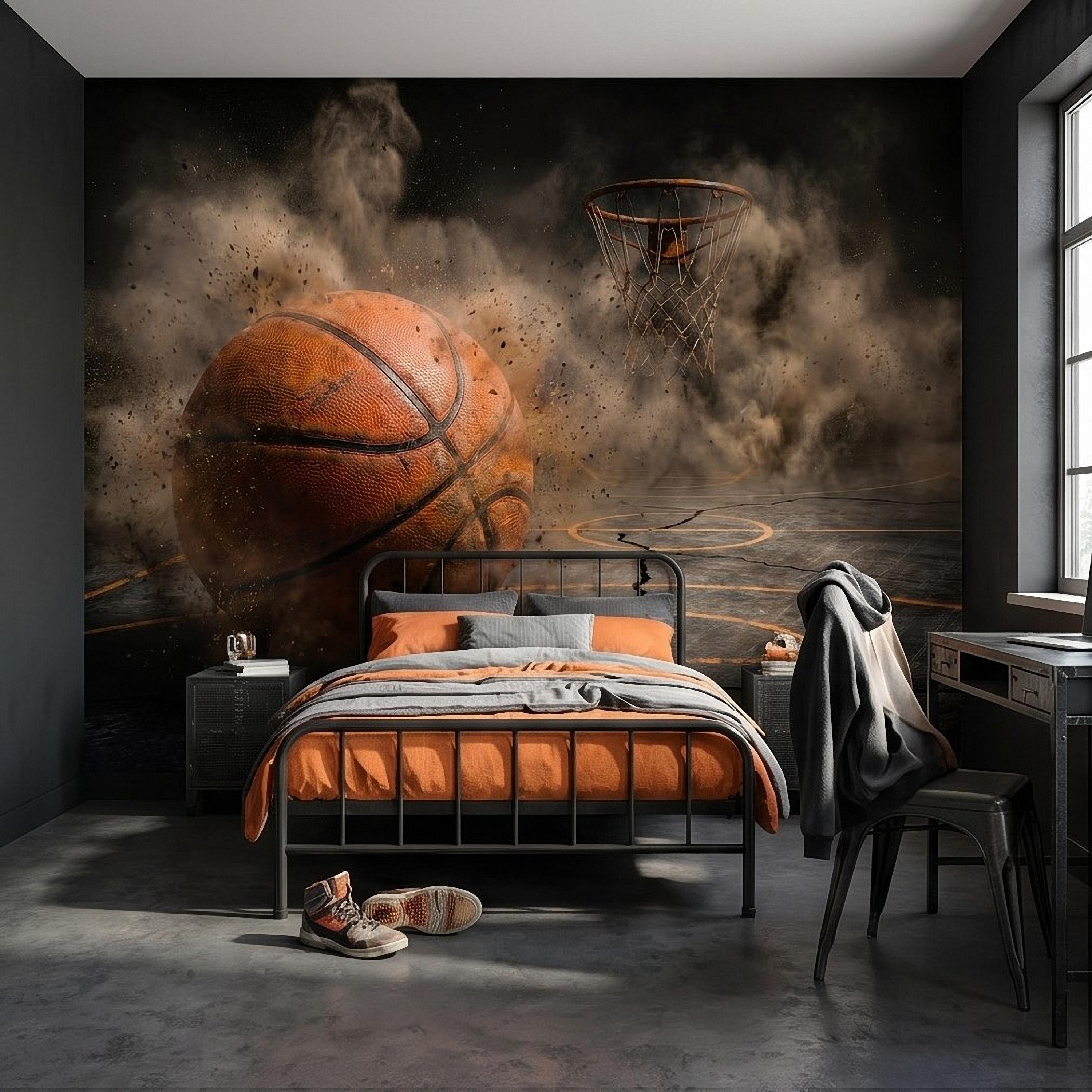 Basketball Peel and Stick Wall Mural, Sports Court Hoop Action, Boys Teen Room Man Cave Wallpaper