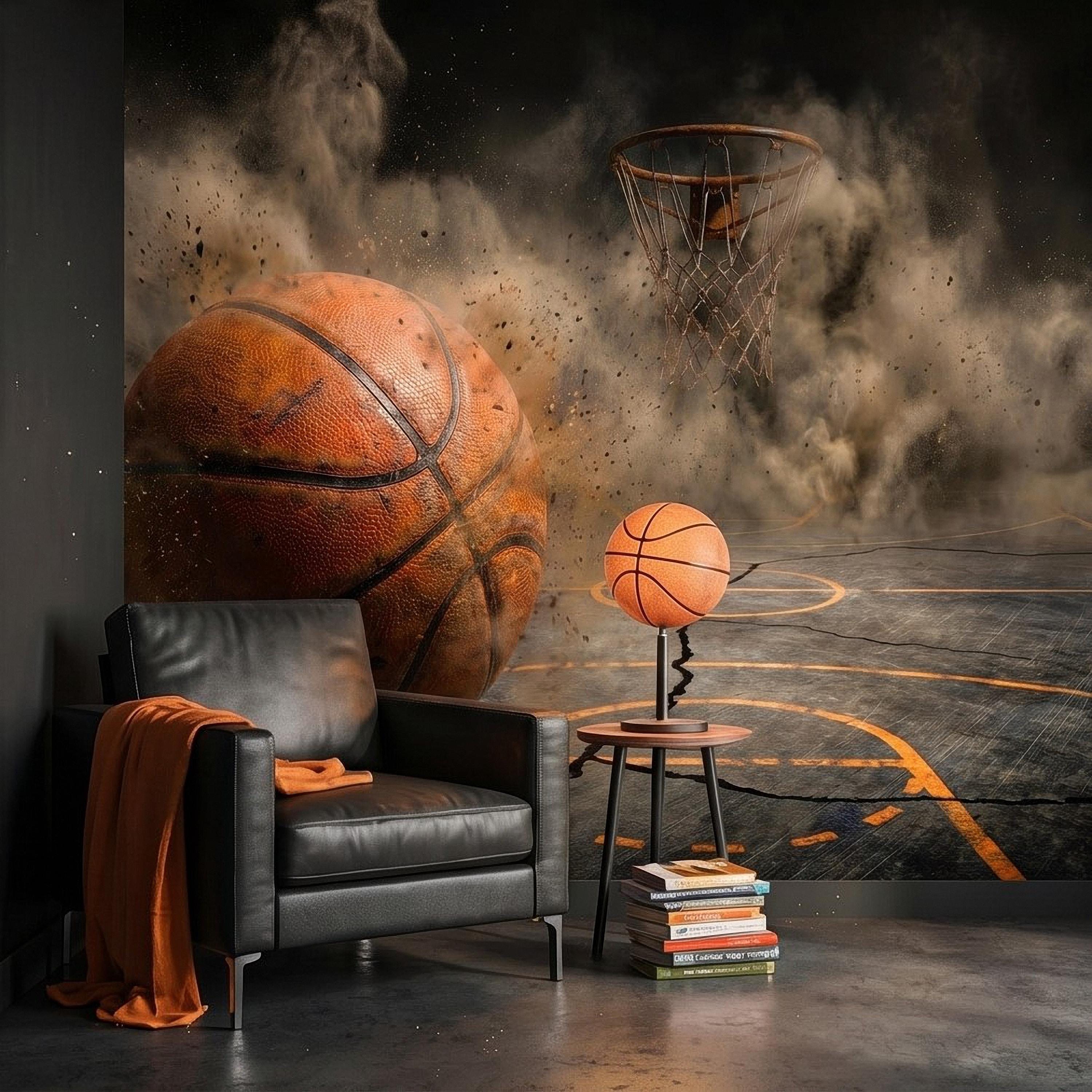 Basketball Peel and Stick Wall Mural, Sports Court Hoop Action, Boys Teen Room Man Cave Wallpaper