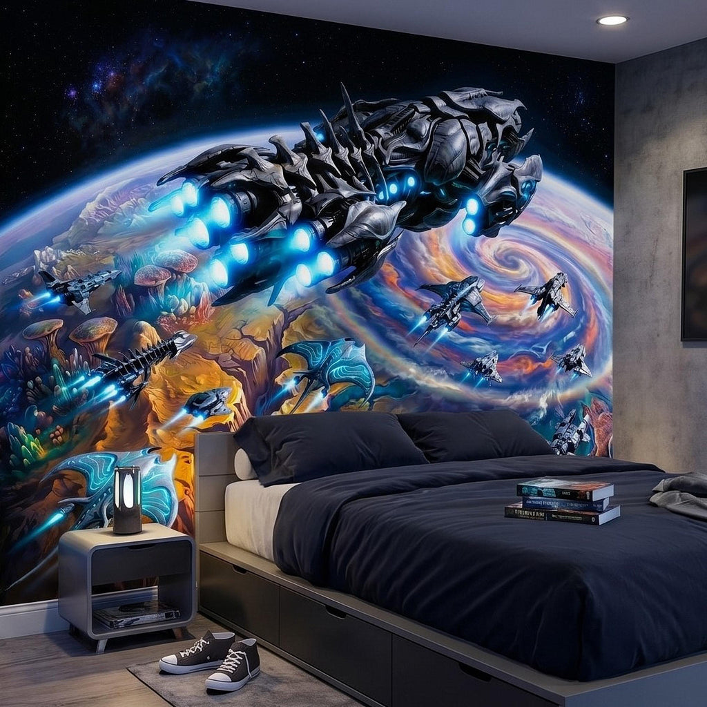 Sci Fi Spaceships Peel and Stick Wall Mural, Futuristic Space Fleet Over Galaxy Planet, Boys Teen Gamer Room Wallpaper
