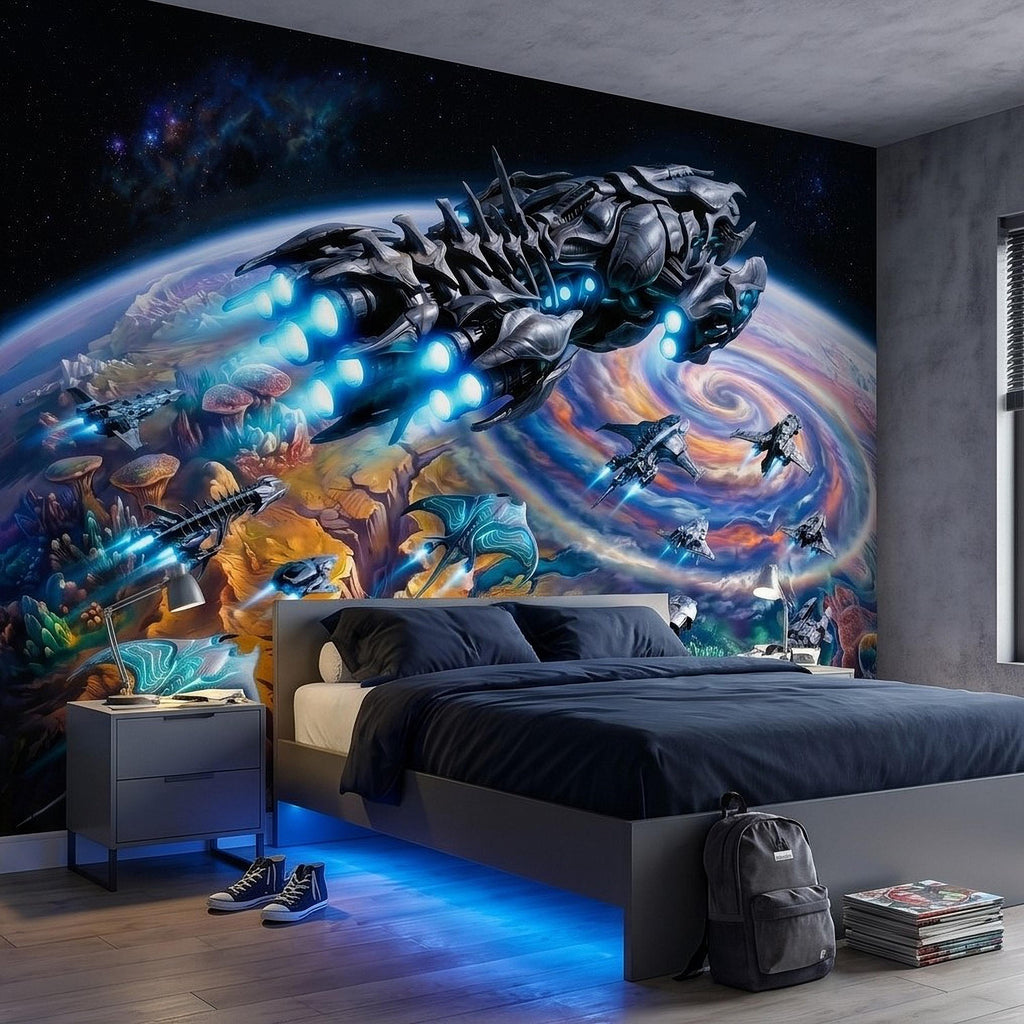 Sci Fi Spaceships Peel and Stick Wall Mural, Futuristic Space Fleet Over Galaxy Planet, Boys Teen Gamer Room Wallpaper