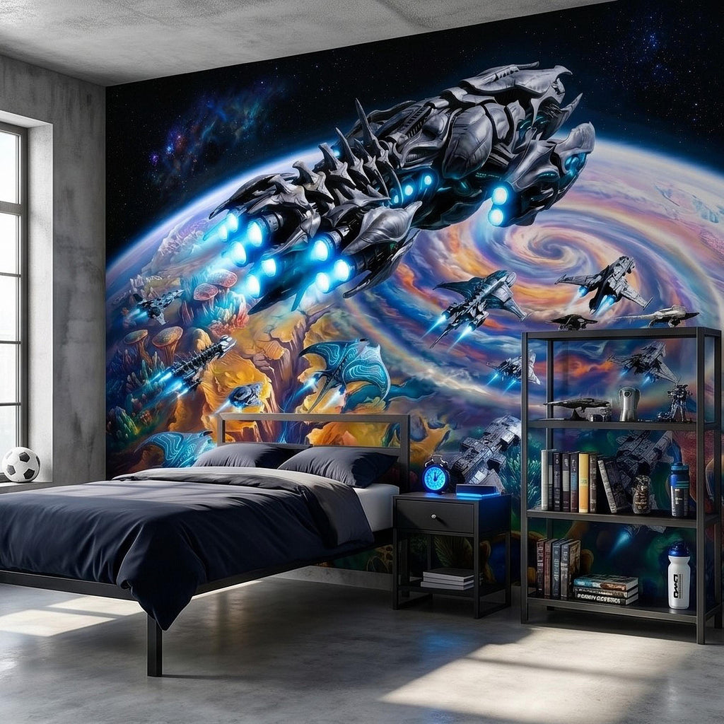 Sci Fi Spaceships Peel and Stick Wall Mural, Futuristic Space Fleet Over Galaxy Planet, Boys Teen Gamer Room Wallpaper