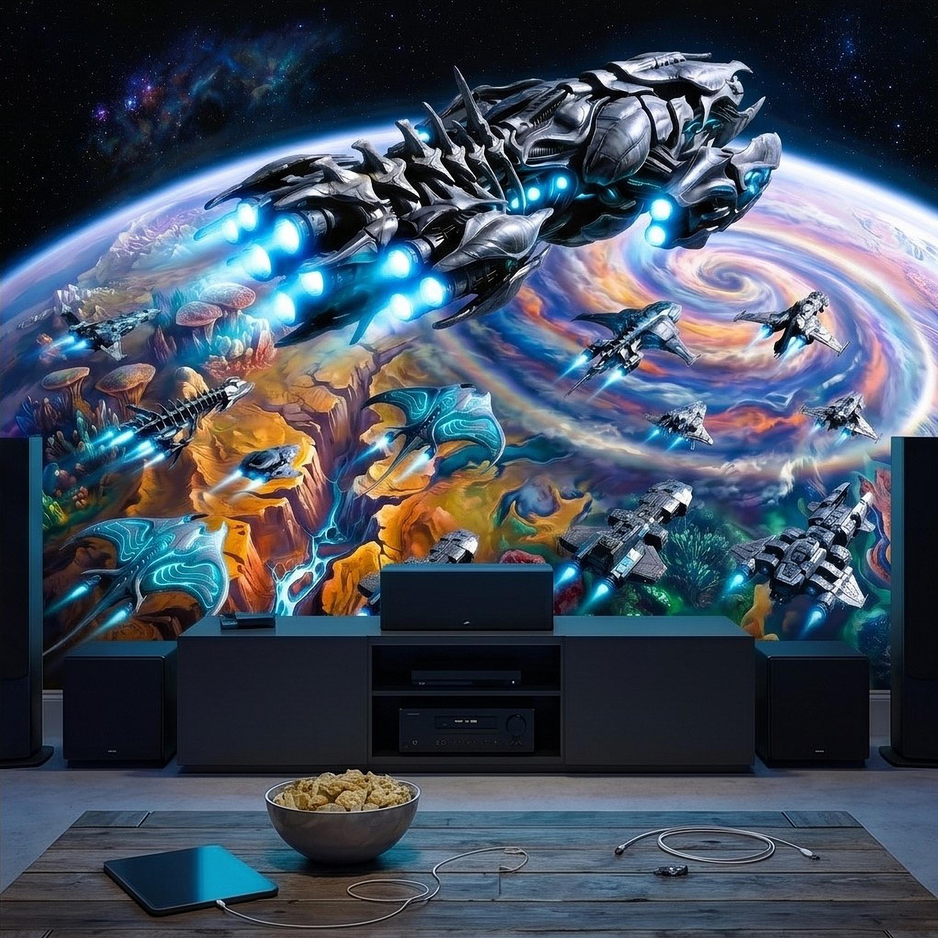 Sci Fi Spaceships Peel and Stick Wall Mural, Futuristic Space Fleet Over Galaxy Planet, Boys Teen Gamer Room Wallpaper
