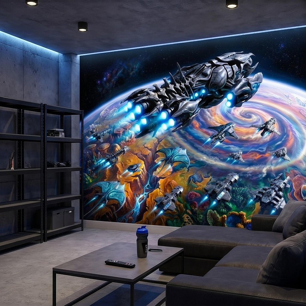 Sci Fi Spaceships Peel and Stick Wall Mural, Futuristic Space Fleet Over Galaxy Planet, Boys Teen Gamer Room Wallpaper