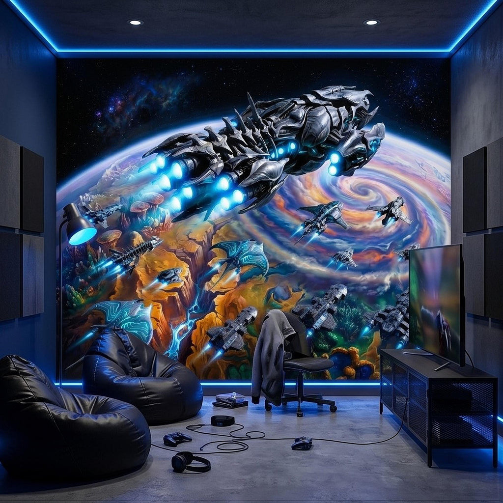 Sci Fi Spaceships Peel and Stick Wall Mural, Futuristic Space Fleet Over Galaxy Planet, Boys Teen Gamer Room Wallpaper