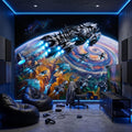 Sci Fi Spaceships Peel and Stick Wall Mural, Futuristic Space Fleet Over Galaxy Planet, Boys Teen Gamer Room Wallpaper