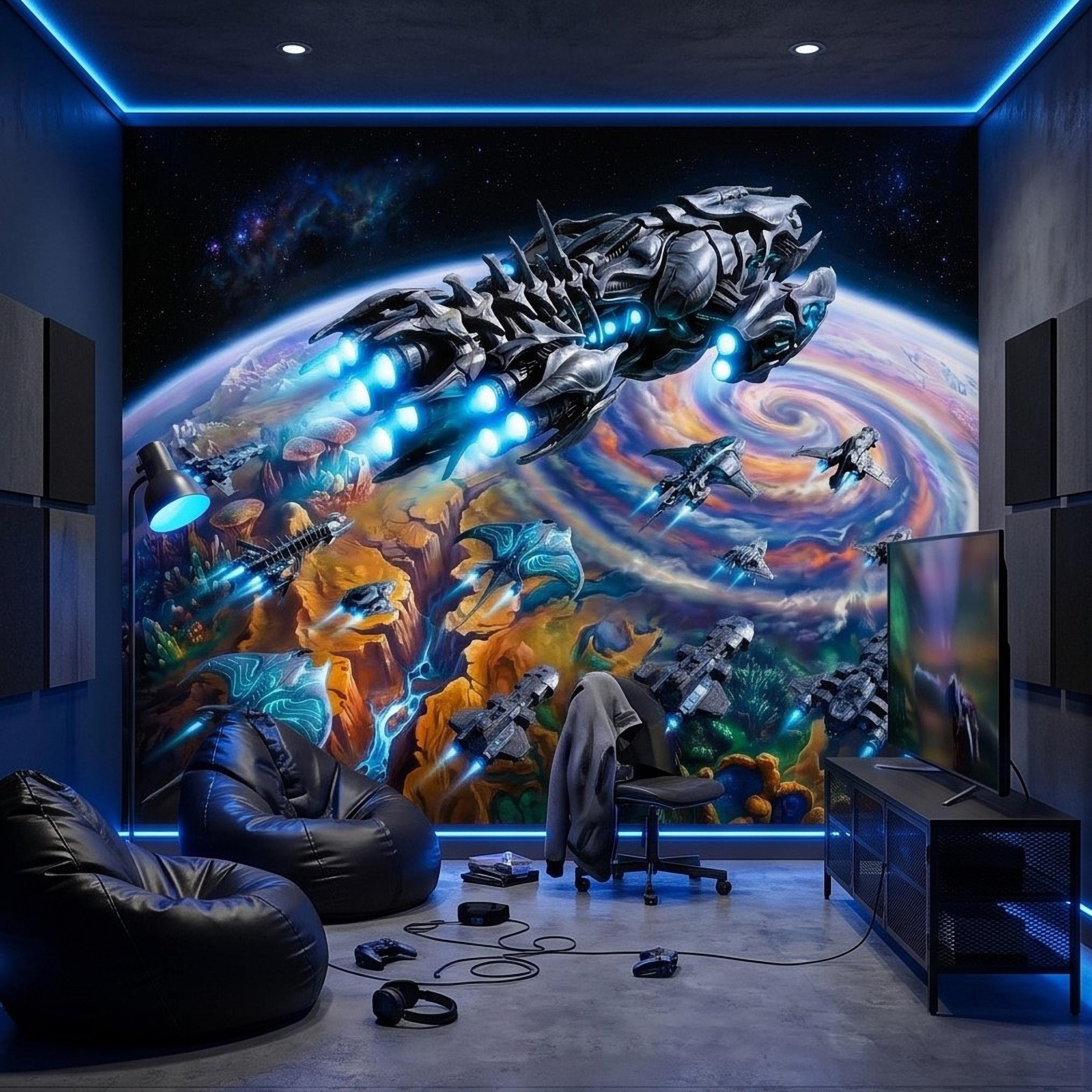 Sci Fi Spaceships Peel and Stick Wall Mural, Futuristic Space Fleet Over Galaxy Planet, Boys Teen Gamer Room Wallpaper