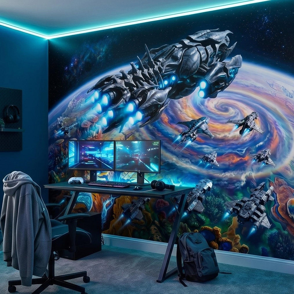 Sci Fi Spaceships Peel and Stick Wall Mural, Futuristic Space Fleet Over Galaxy Planet, Boys Teen Gamer Room Wallpaper