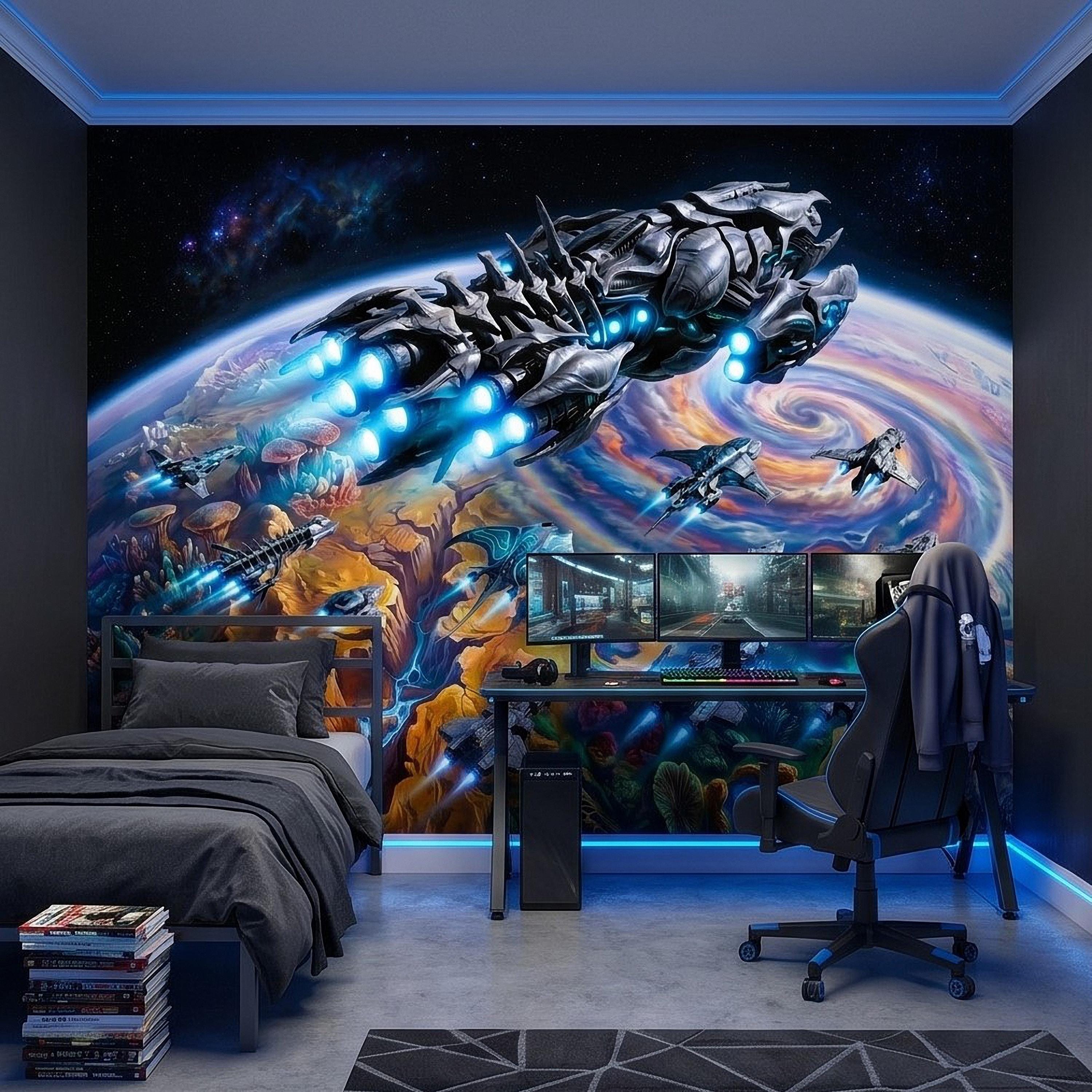 Sci Fi Spaceships Peel and Stick Wall Mural, Futuristic Space Fleet Over Galaxy Planet, Boys Teen Gamer Room Wallpaper