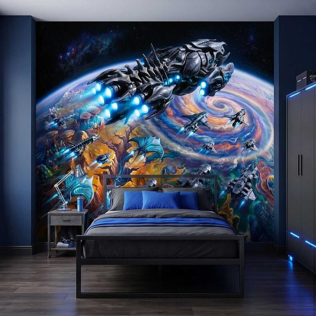 Sci Fi Spaceships Peel and Stick Wall Mural, Futuristic Space Fleet Over Galaxy Planet, Boys Teen Gamer Room Wallpaper