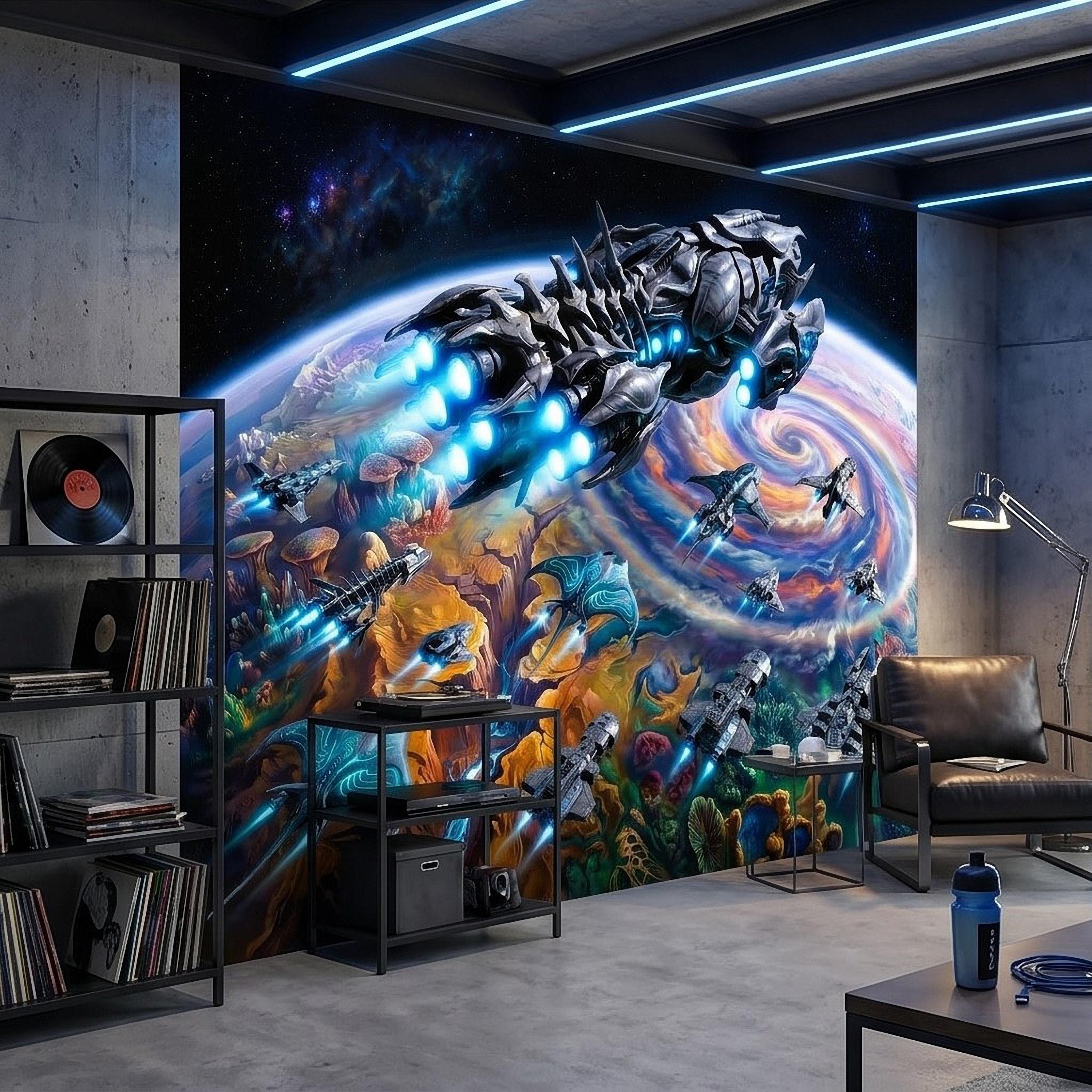 Sci Fi Spaceships Peel and Stick Wall Mural, Futuristic Space Fleet Over Galaxy Planet, Boys Teen Gamer Room Wallpaper