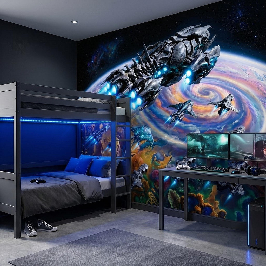 Sci Fi Spaceships Peel and Stick Wall Mural, Futuristic Space Fleet Over Galaxy Planet, Boys Teen Gamer Room Wallpaper