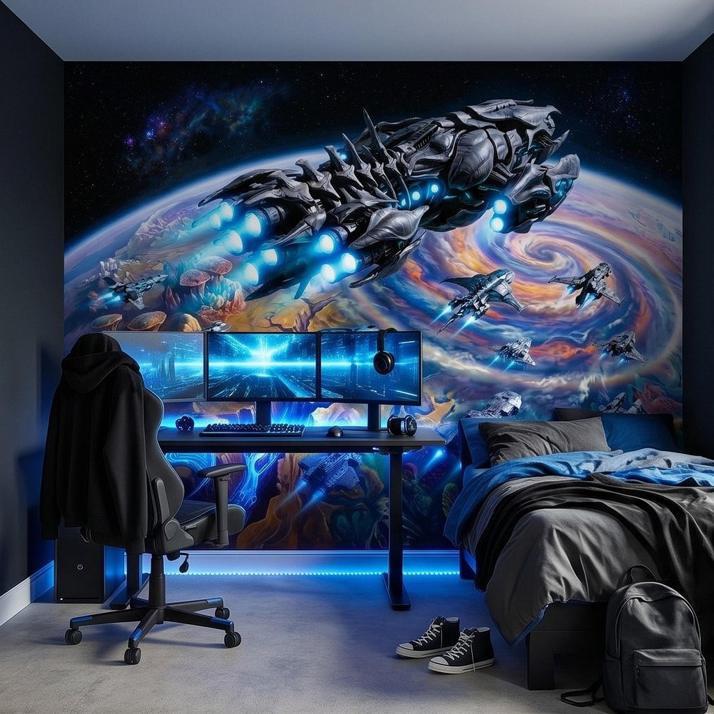 Sci Fi Spaceships Peel and Stick Wall Mural, Futuristic Space Fleet Over Galaxy Planet, Boys Teen Gamer Room Wallpaper