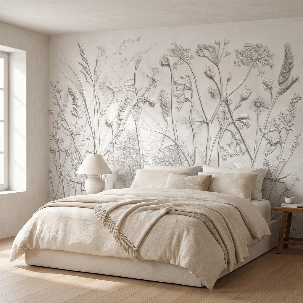 Botanical Plaster Relief Peel and Stick Wall Mural, Wildflowers and Meadow Grasses Textured Floral Wallpaper