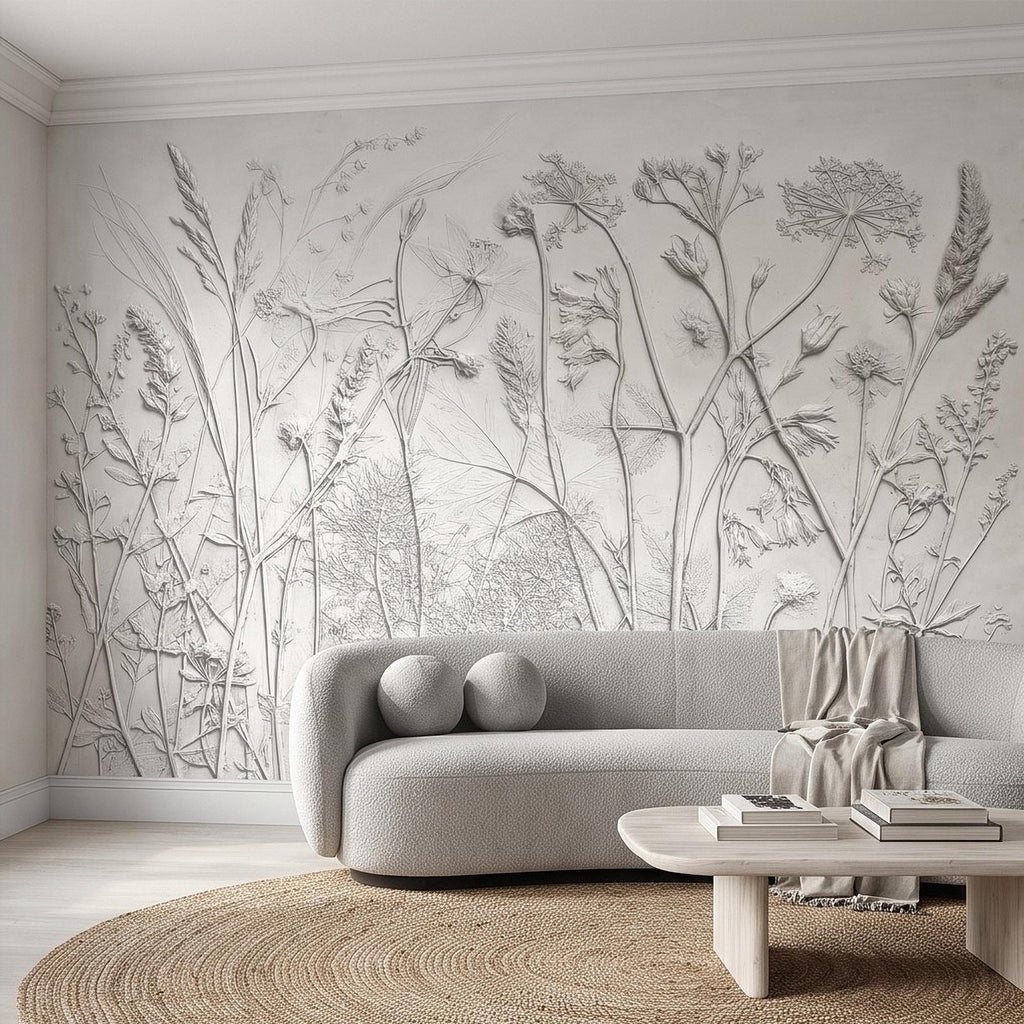 Botanical Plaster Relief Peel and Stick Wall Mural, Wildflowers and Meadow Grasses Textured Floral Wallpaper