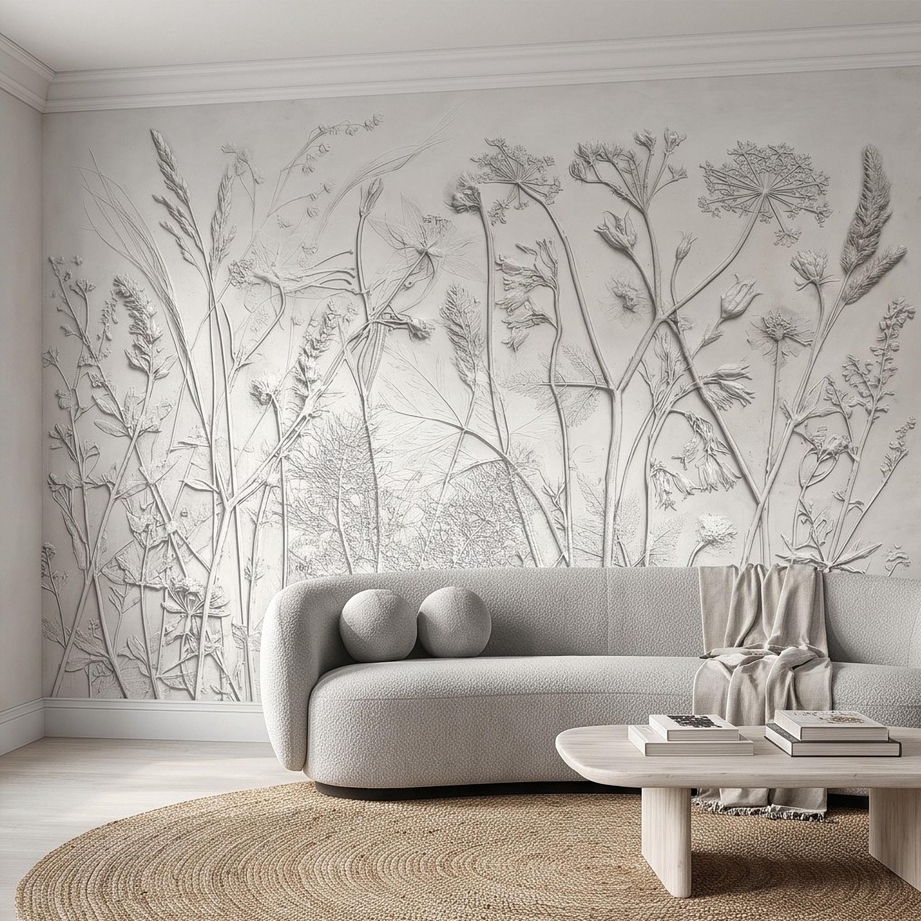 Botanical Plaster Relief Peel and Stick Wall Mural, Wildflowers and Meadow Grasses Textured Floral Wallpaper