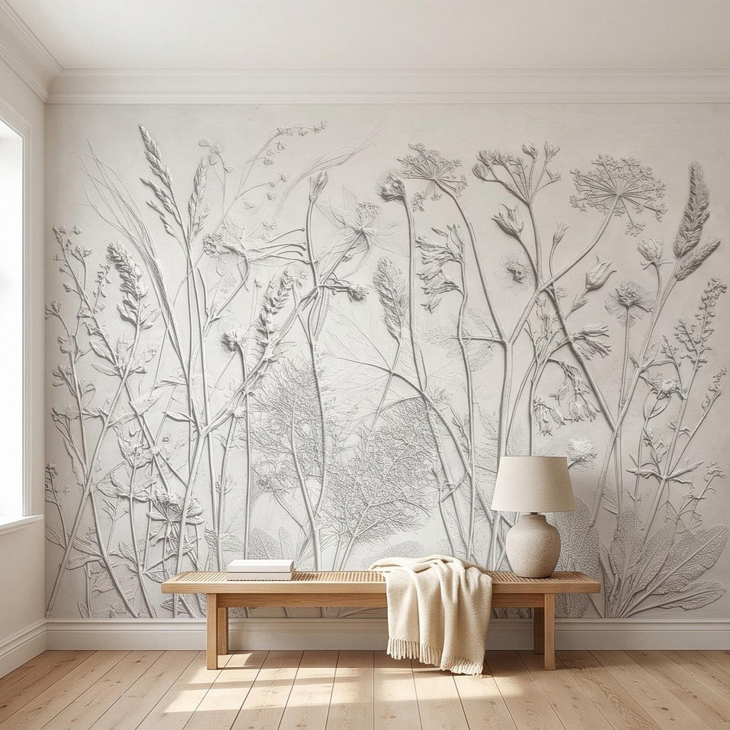 Botanical Plaster Relief Peel and Stick Wall Mural, Wildflowers and Meadow Grasses Textured Floral Wallpaper