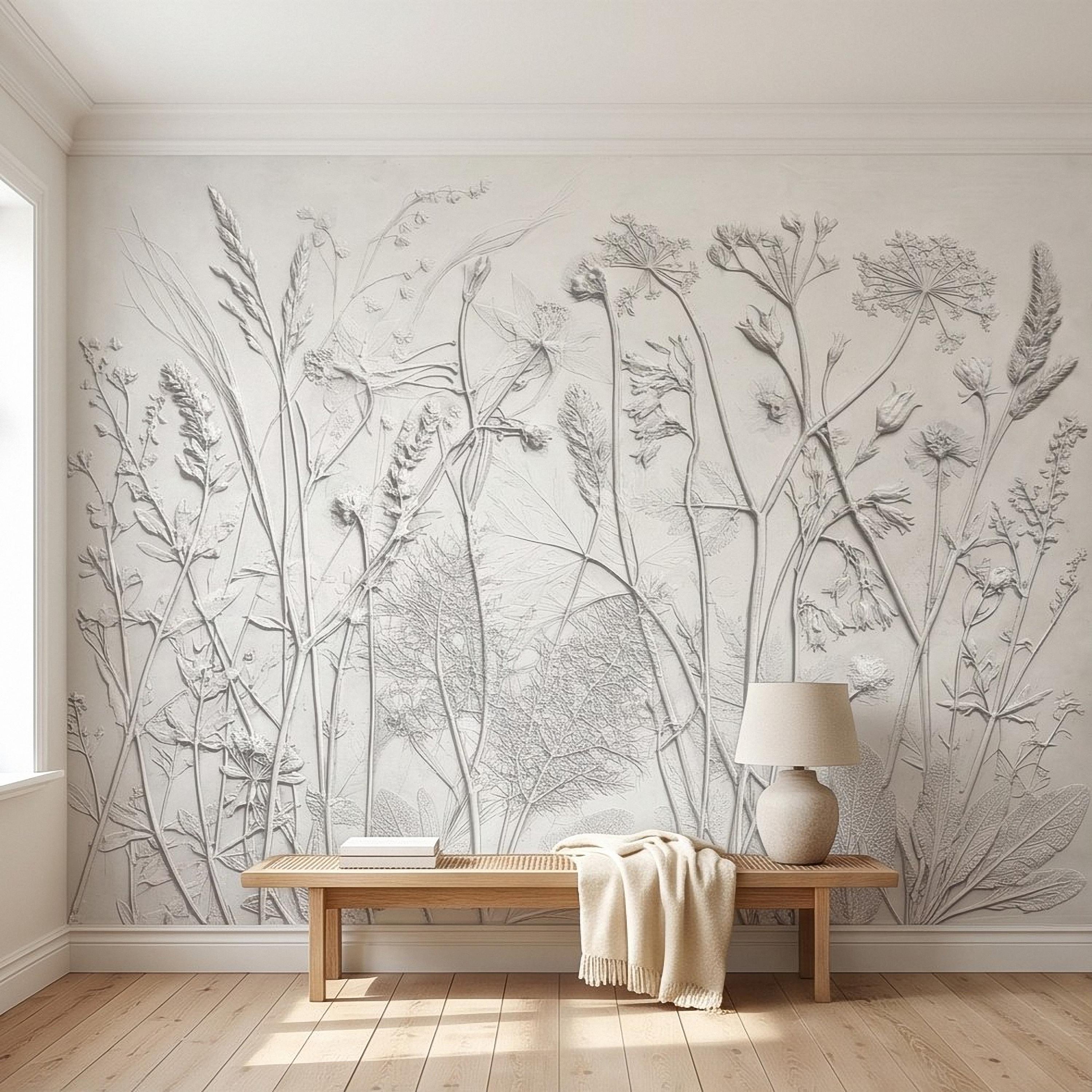Botanical Plaster Relief Peel and Stick Wall Mural, Wildflowers and Meadow Grasses Textured Floral Wallpaper
